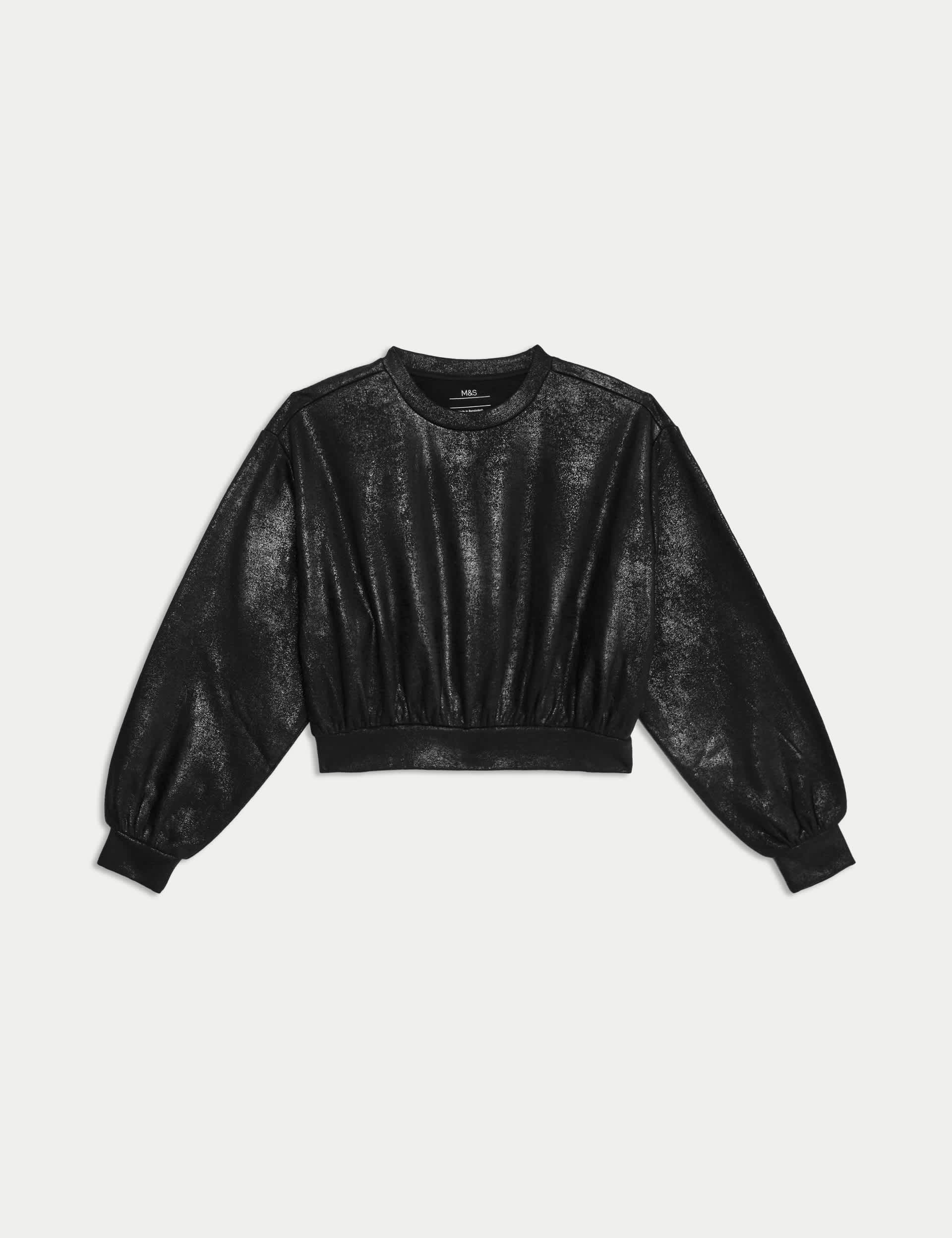 M&S Girls Cotton Rich Foil Sweatshirt (6-16 Yrs) - 11-12 - Black, Black