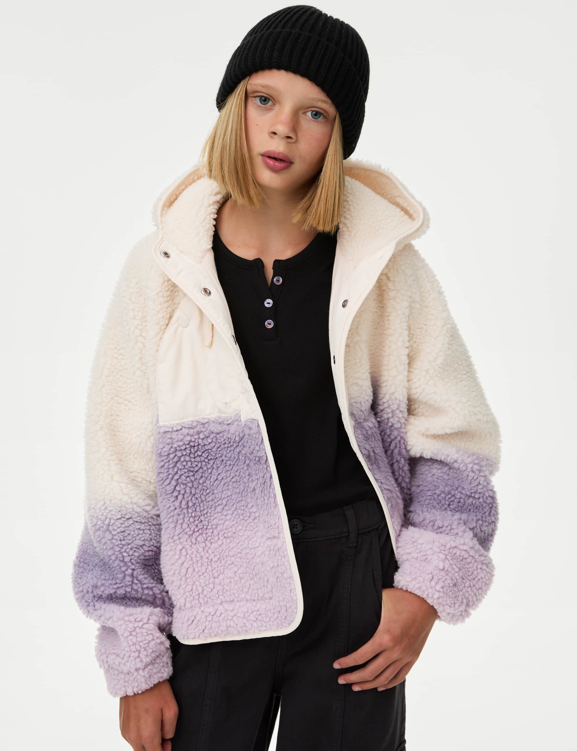 M&S Girls Borg Ombre Hooded Jacket (6-16 Yrs) - 13-14 - Ecru Mix, Ecru Mix