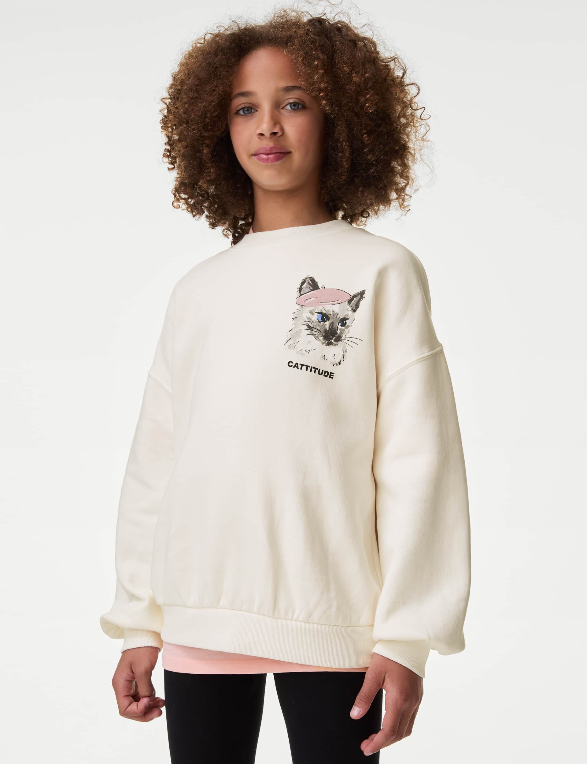 M&S Girls Cotton Rich Cat Graphic Sweatshirt (6-16 Yrs) - 8-9 Y - Ivory, Ivory