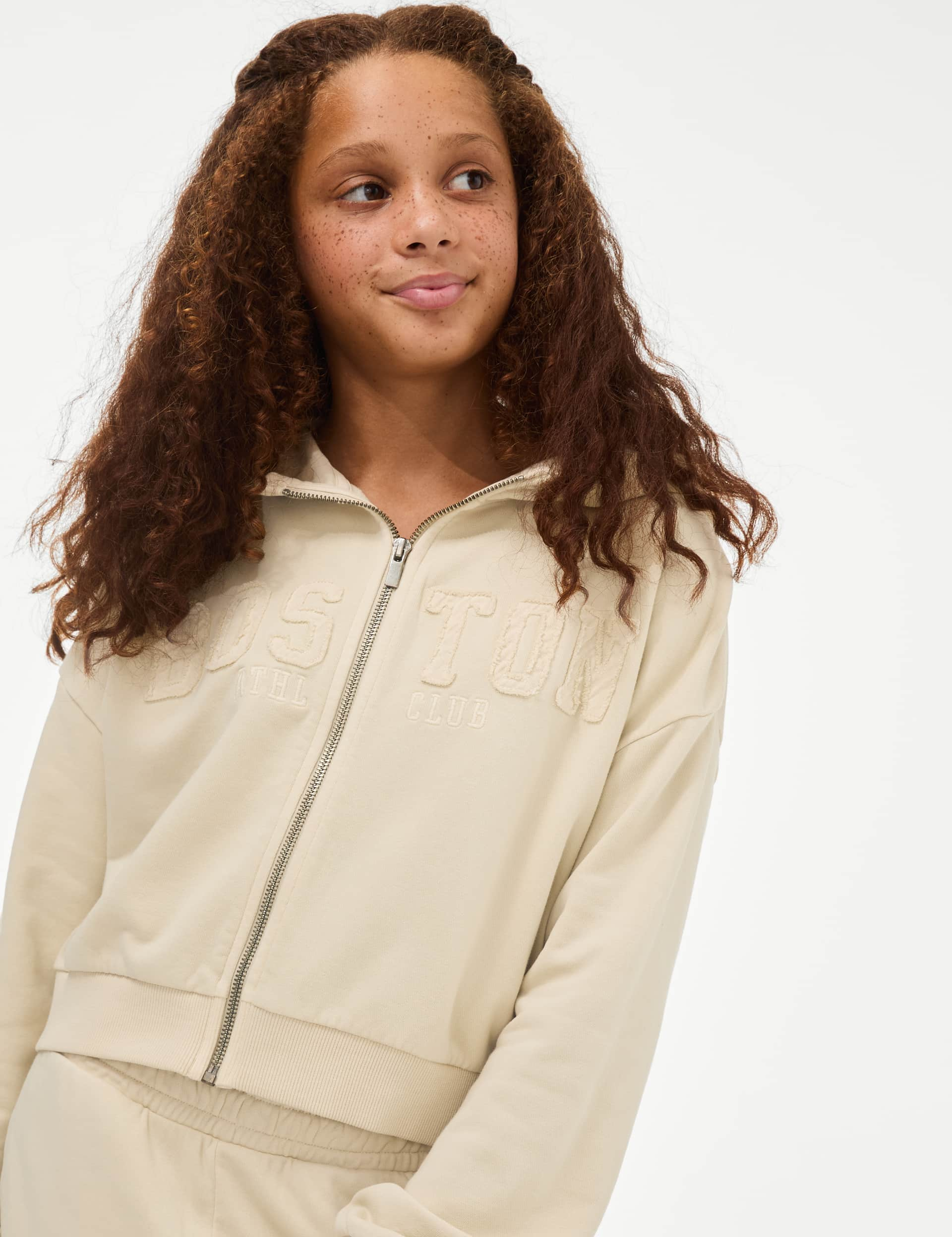 M&S Girls Cotton Rich Boston Zip Hoodie (6-16 Yrs) - 9-10Y - Ecru, Ecru