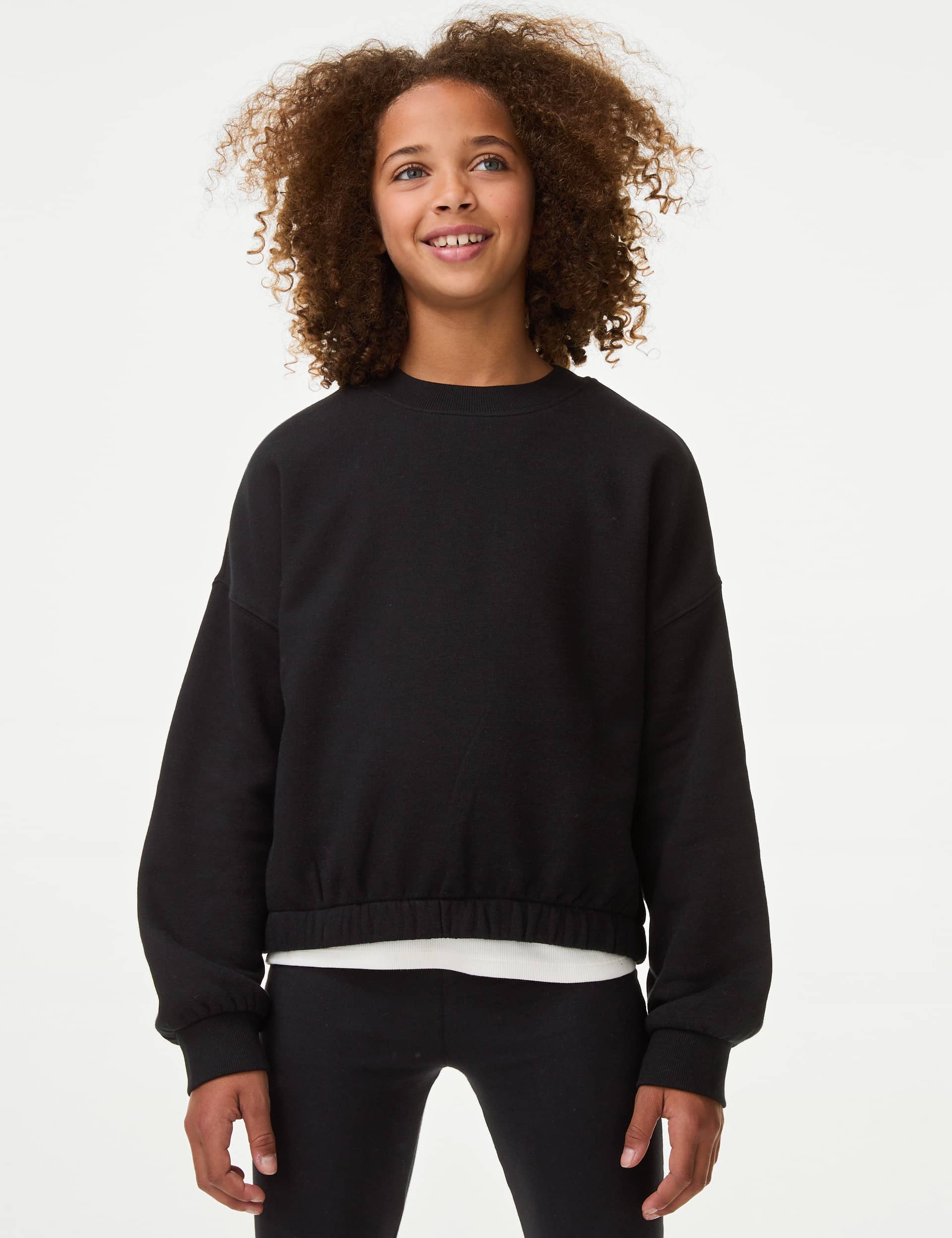 M&S Girls Cotton Rich Cropped Sweatshirt (6-16 Yrs) - 9-10Y - Black, Black,Blue