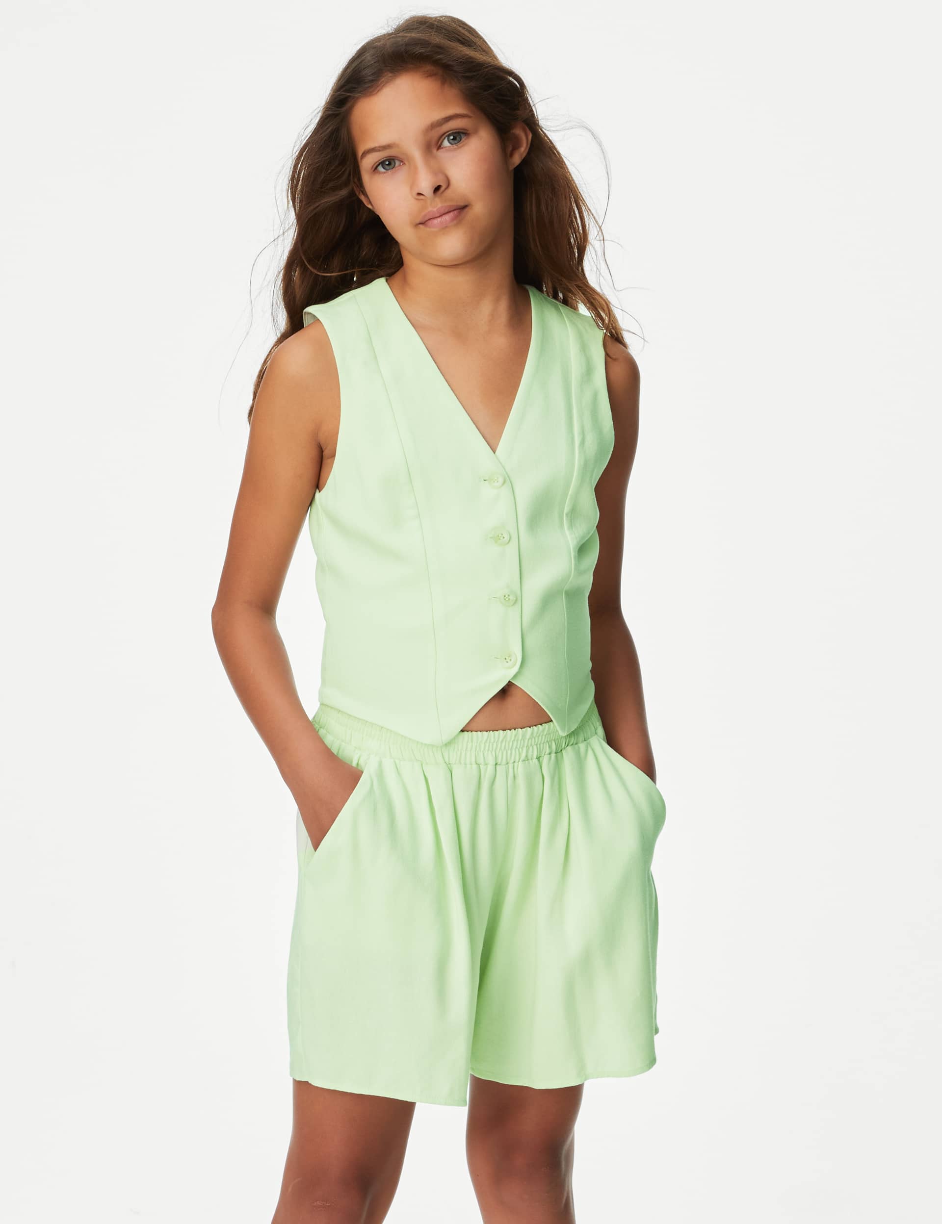 M&S Girls Waistcoat and Shorts Outfit (6-16 Yrs) - 14-15 - Green Tint, Ivory Mix,Green Tint