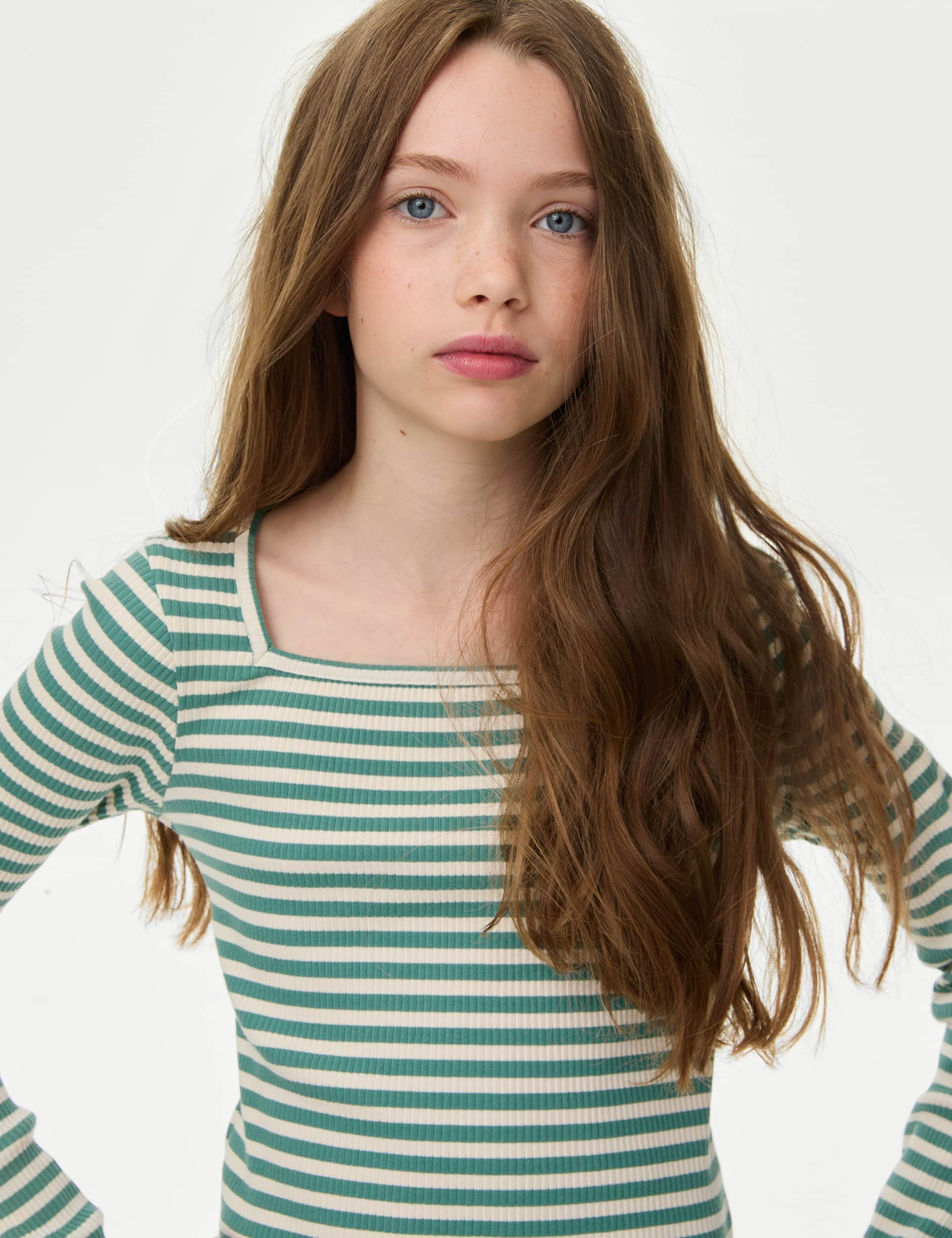 M&S Collection Girls Cotton Rich Striped Ribbed Top (6-16 Yrs) - 9-10Y - Green Mix, Green Mix,Black 