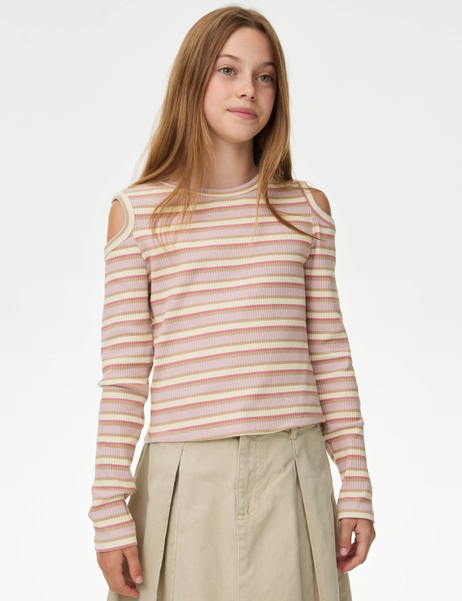 M&S Girls Cotton Rich Ribbed Cold Shoulder Top (6-16 Yrs)