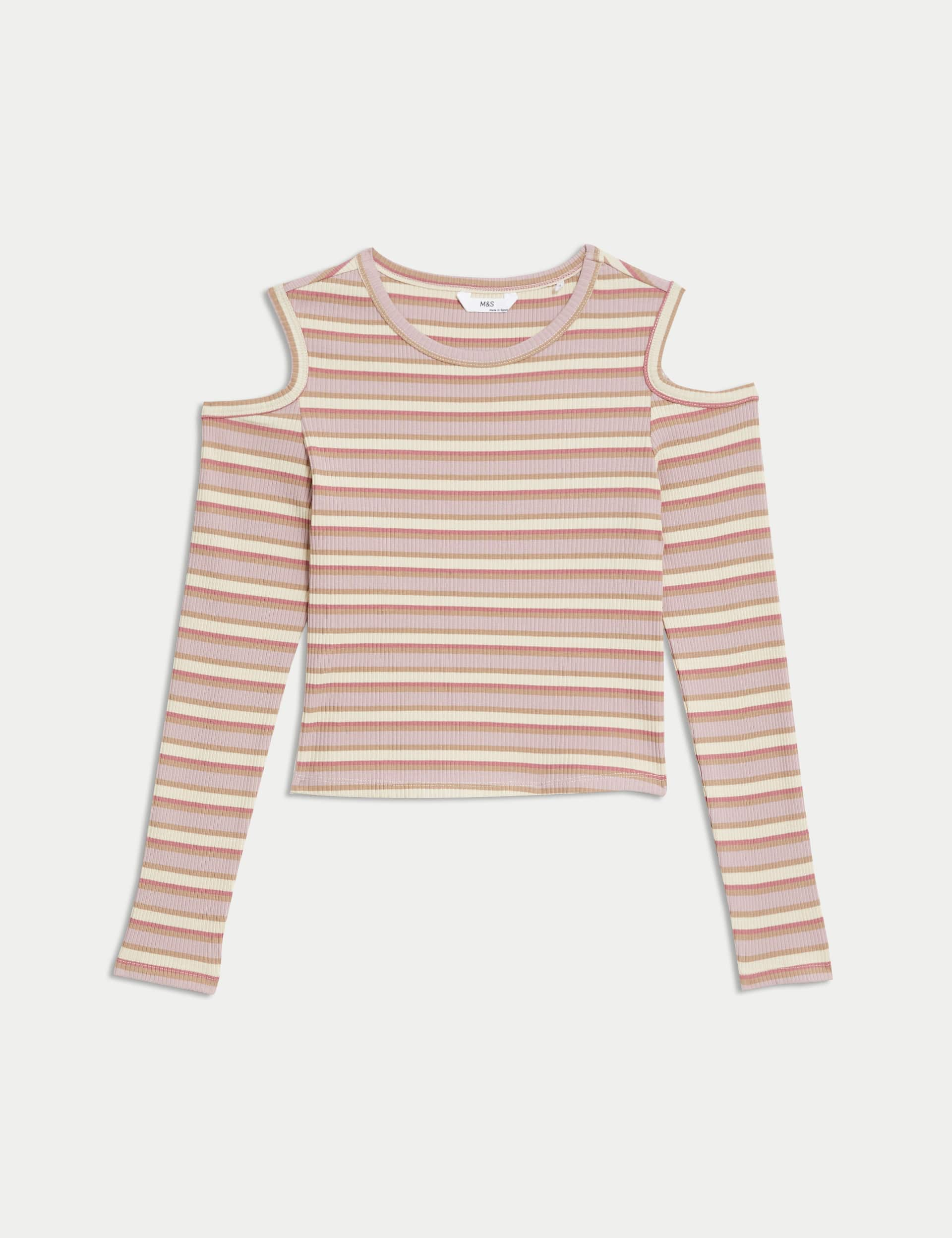 M&S Girls Cotton Rich Ribbed Cold Shoulder Top (6-16 Yrs) - 9-10Y - Pink Mix, Pink Mix,Black