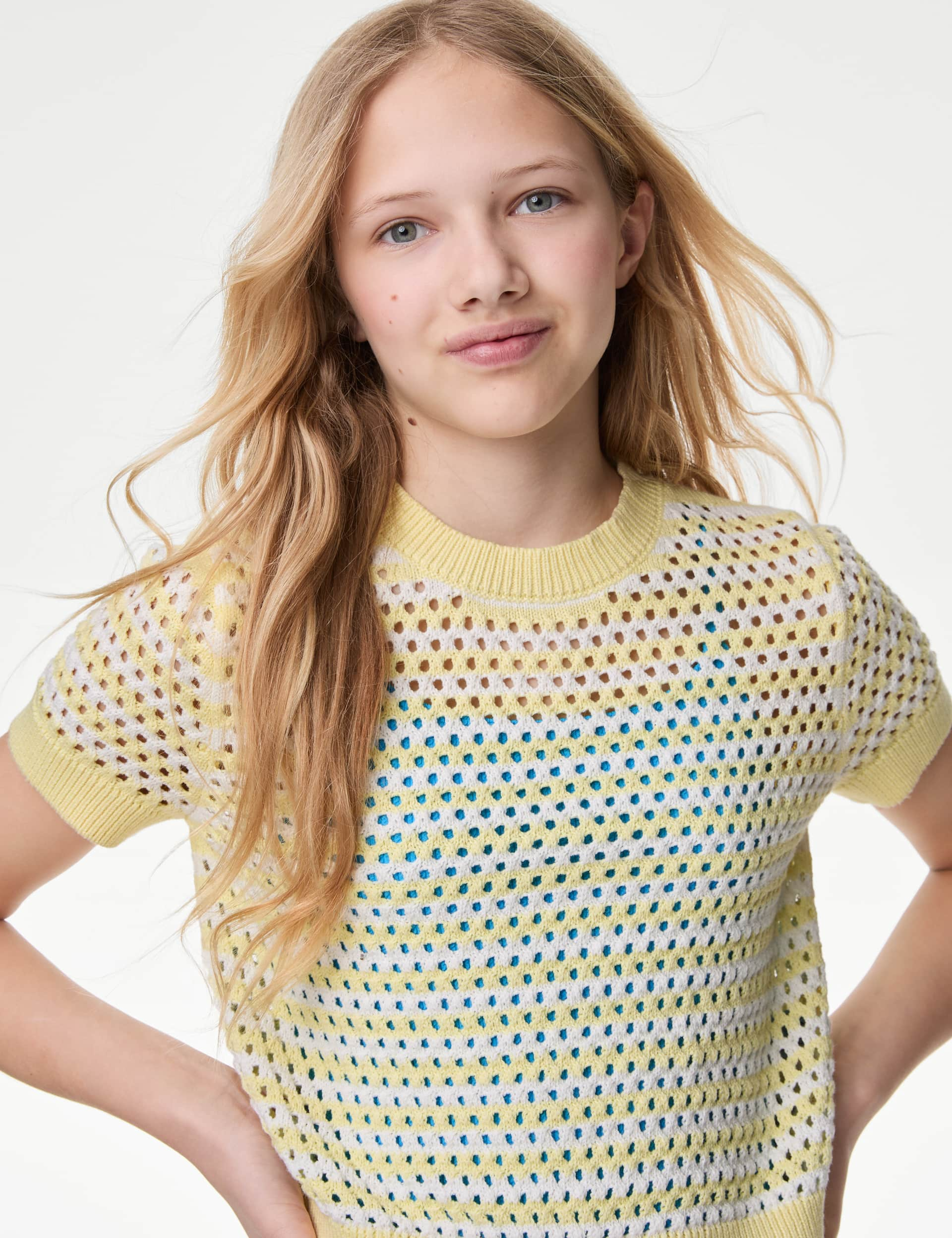 M&S Girls Pure Cotton Knitted Top (6-16 Yrs) - 7-8 Y - Yellow, Yellow