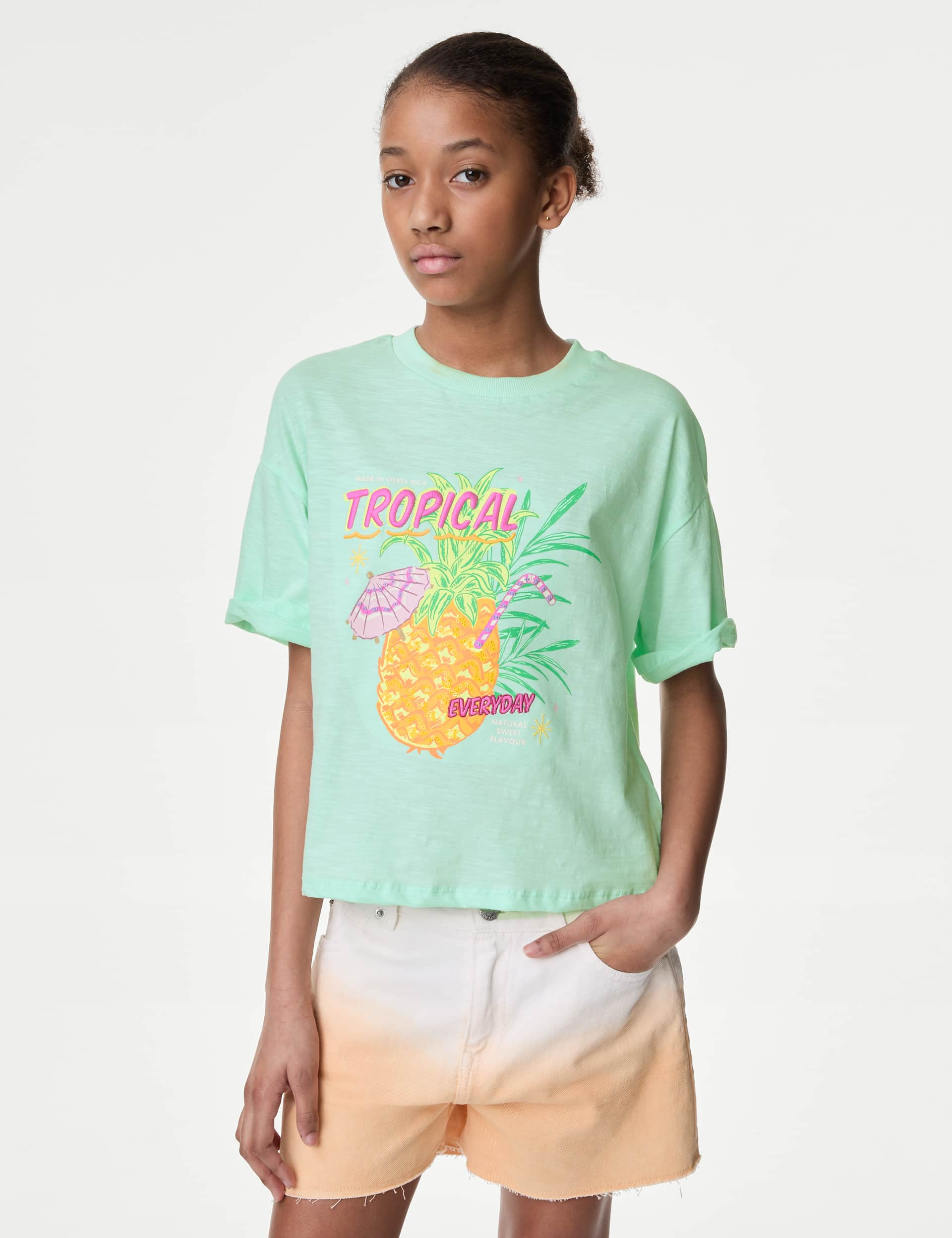 M&S Girls Pure Cotton Tropical Graphic T-Shirt (6-16 Yrs) - 13-14 - Mint, Mint