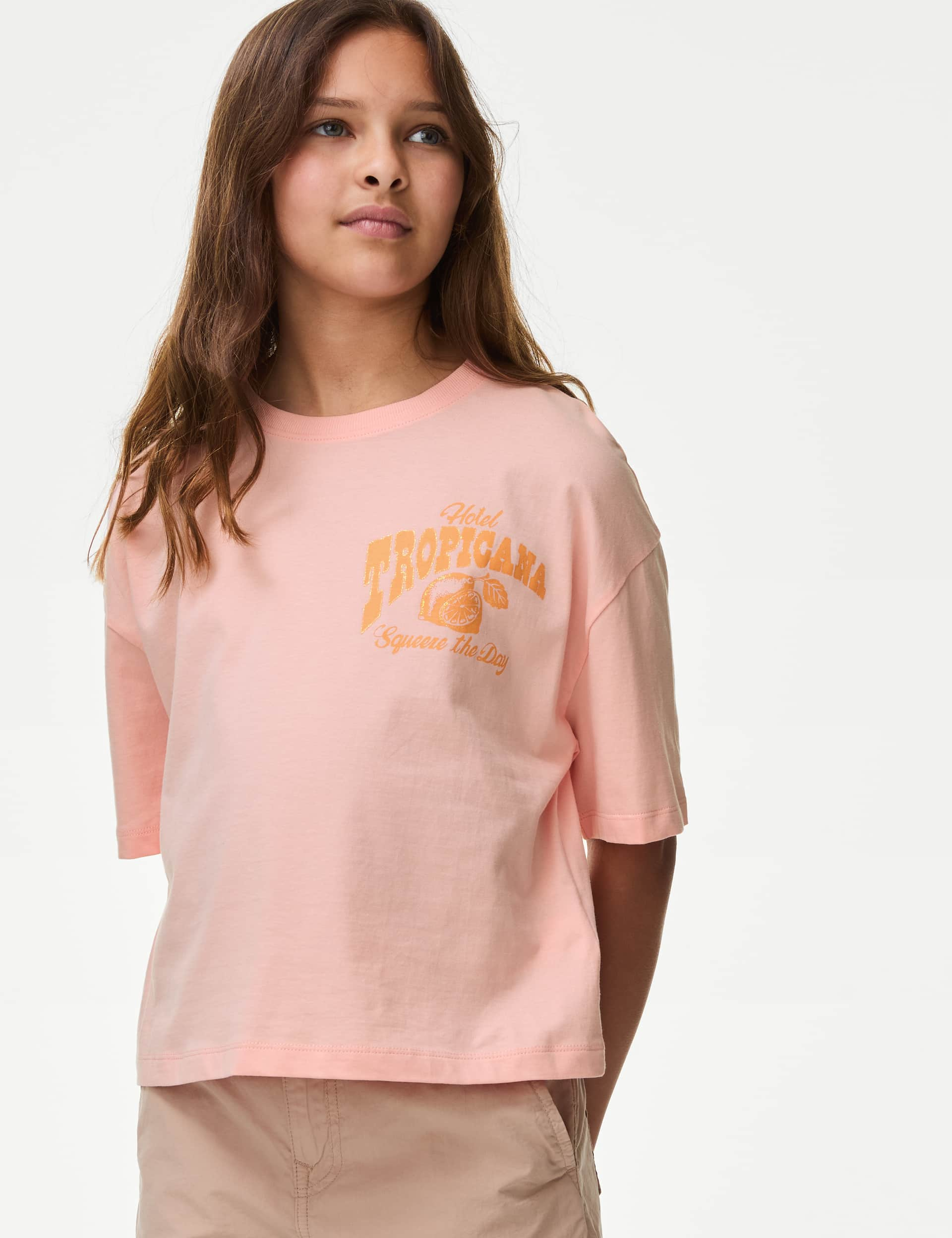 M&S Girls Pure Cotton Squeeze The Day Graphic T-Shirt (6-16 Yrs) - 9-10Y - Coral, Coral