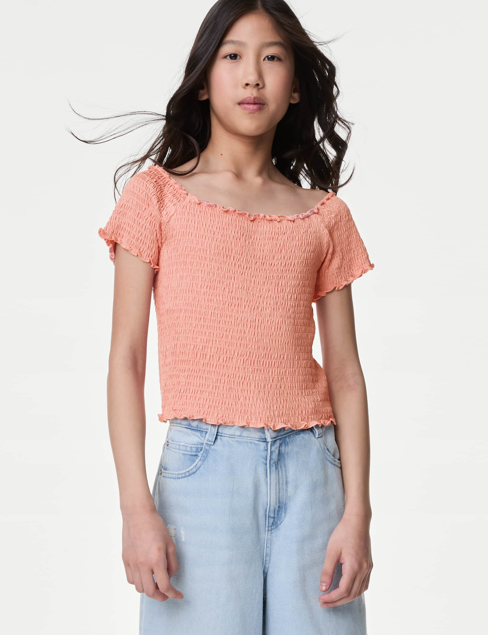 M&S Girls Shirred Top (6-16 Yrs) - 8-9 Y - Coral, Coral