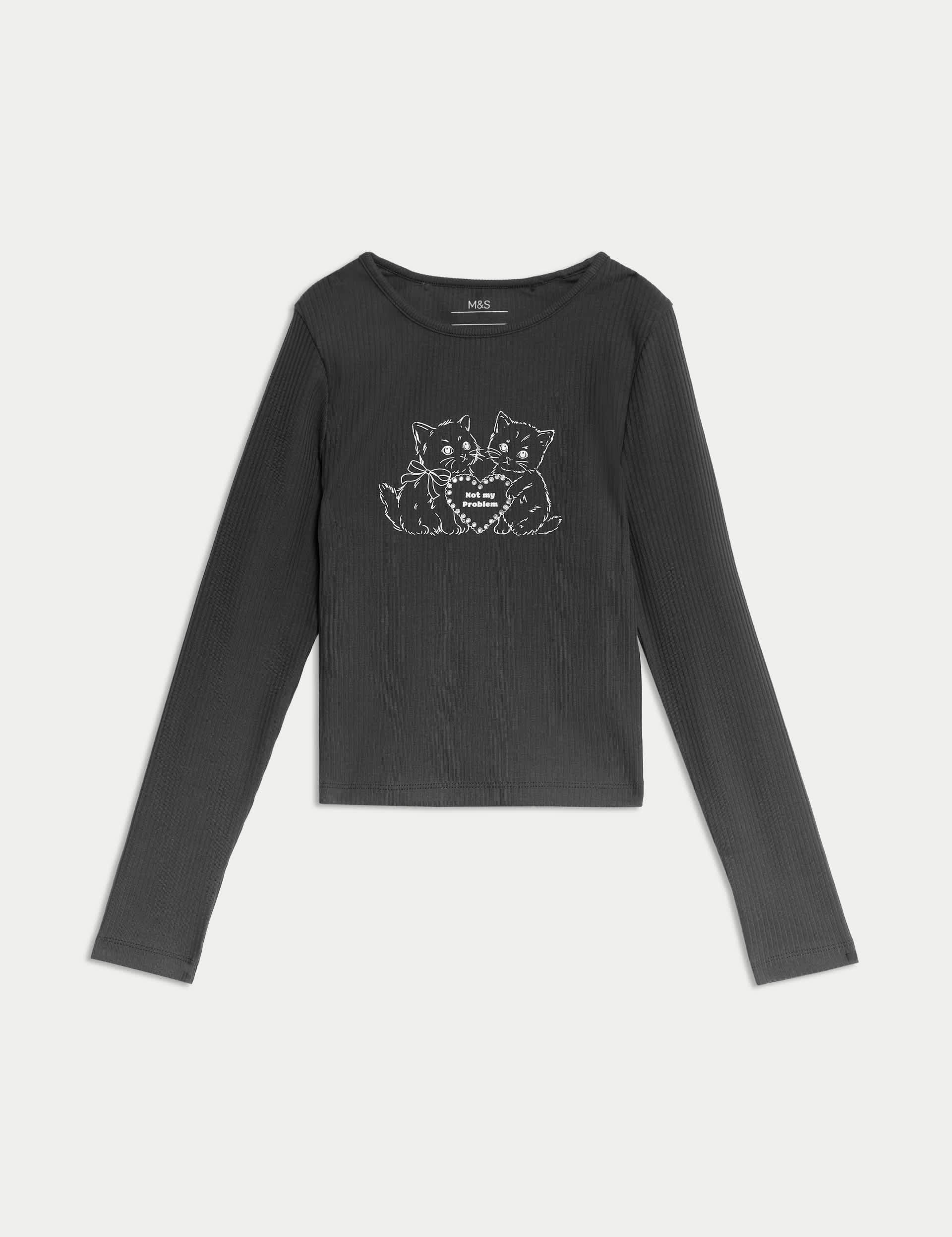 M&S Collection Girls Cotton Rich Cat Graphic Top (2-16 Yrs) - 9-10Y - Black, Black