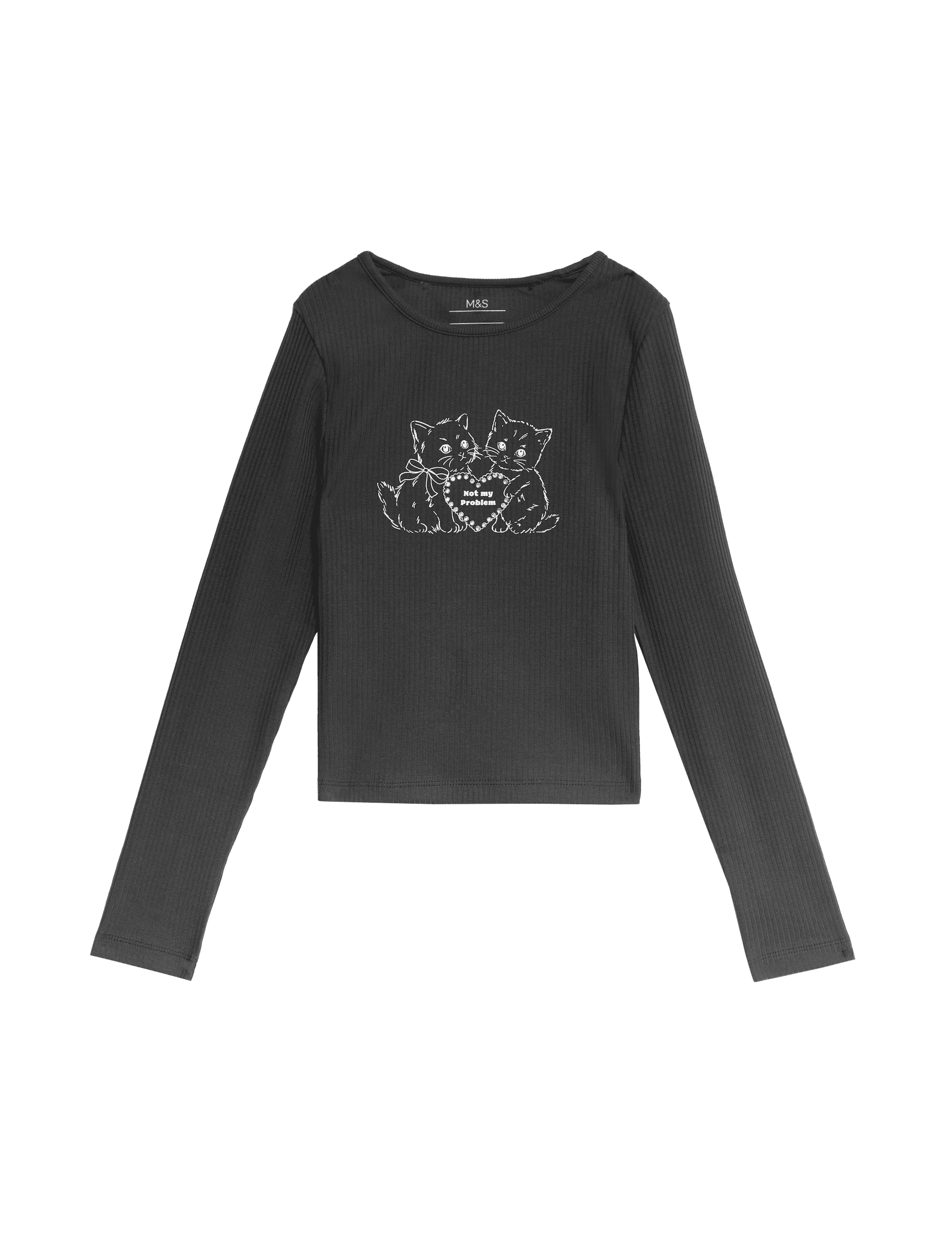 M&S Collection Girls Cotton Rich Cat Graphic Top (2-16 Yrs) - 4-5 Y - Black, Black