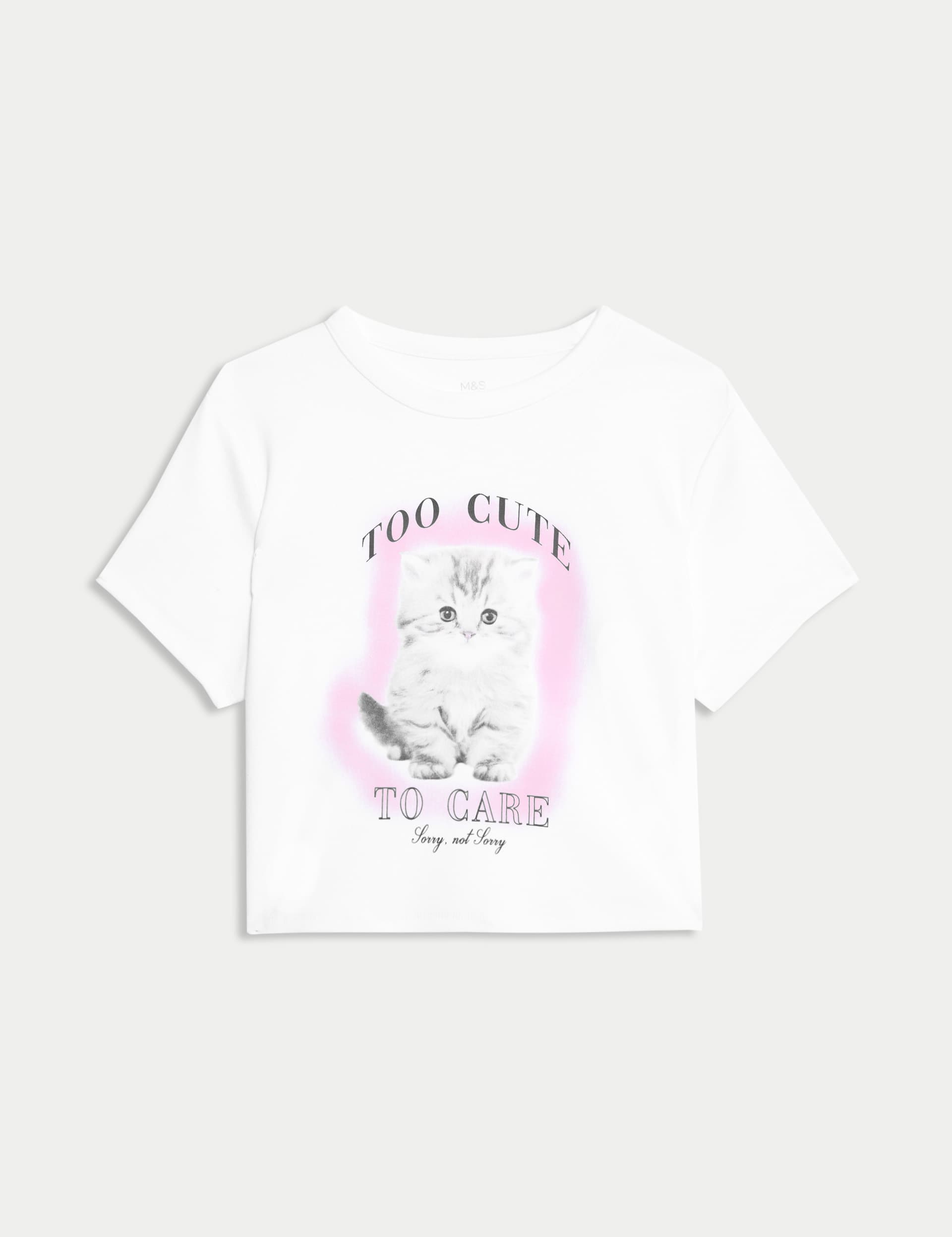 M&S Collection Girls Cotton Rich Cat Slogan T-Shirt (2-16 Yrs) - 7-8 Y - White, White