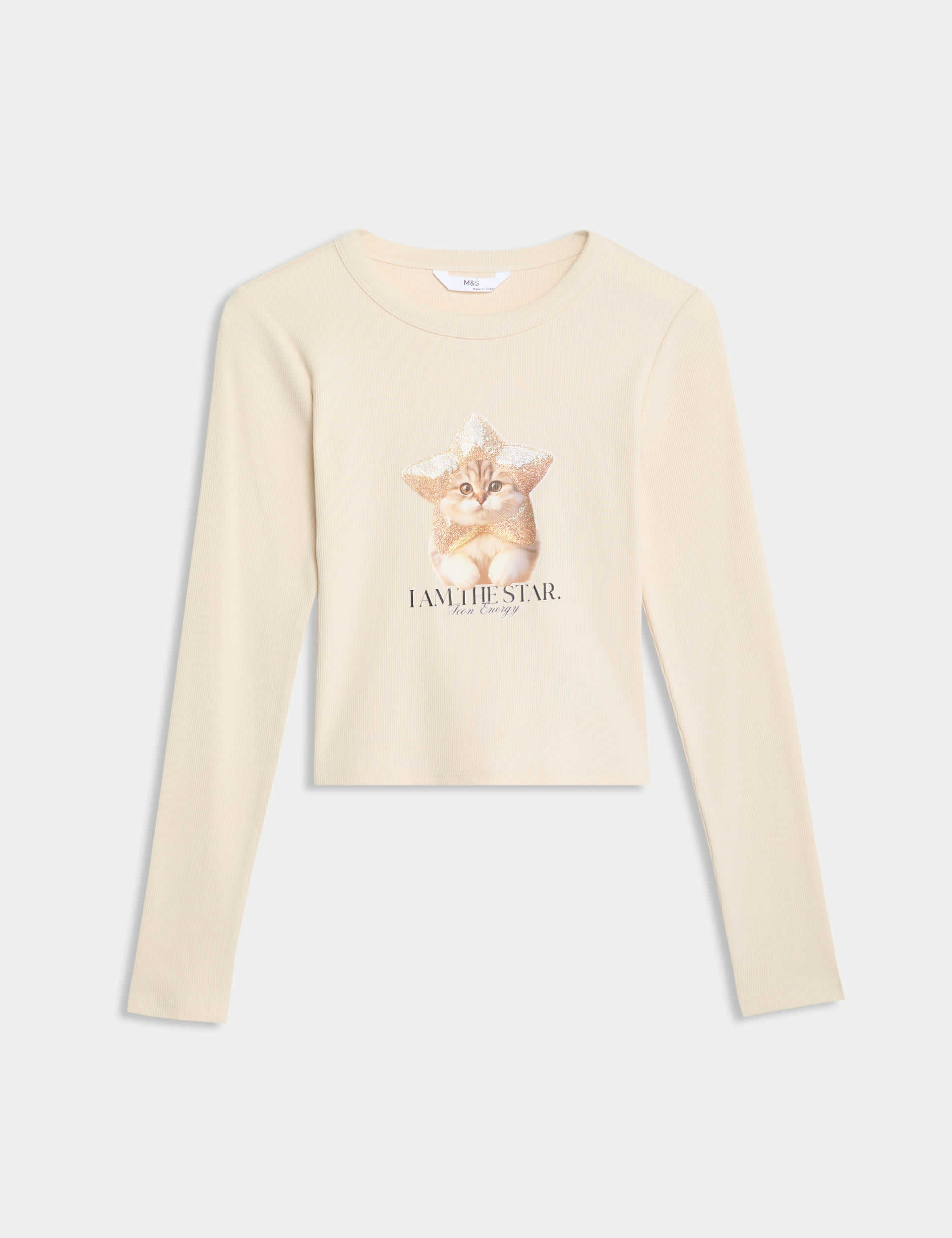 M&S Girls Cotton Rich Glitter Cat Top (6-16 Yrs)
