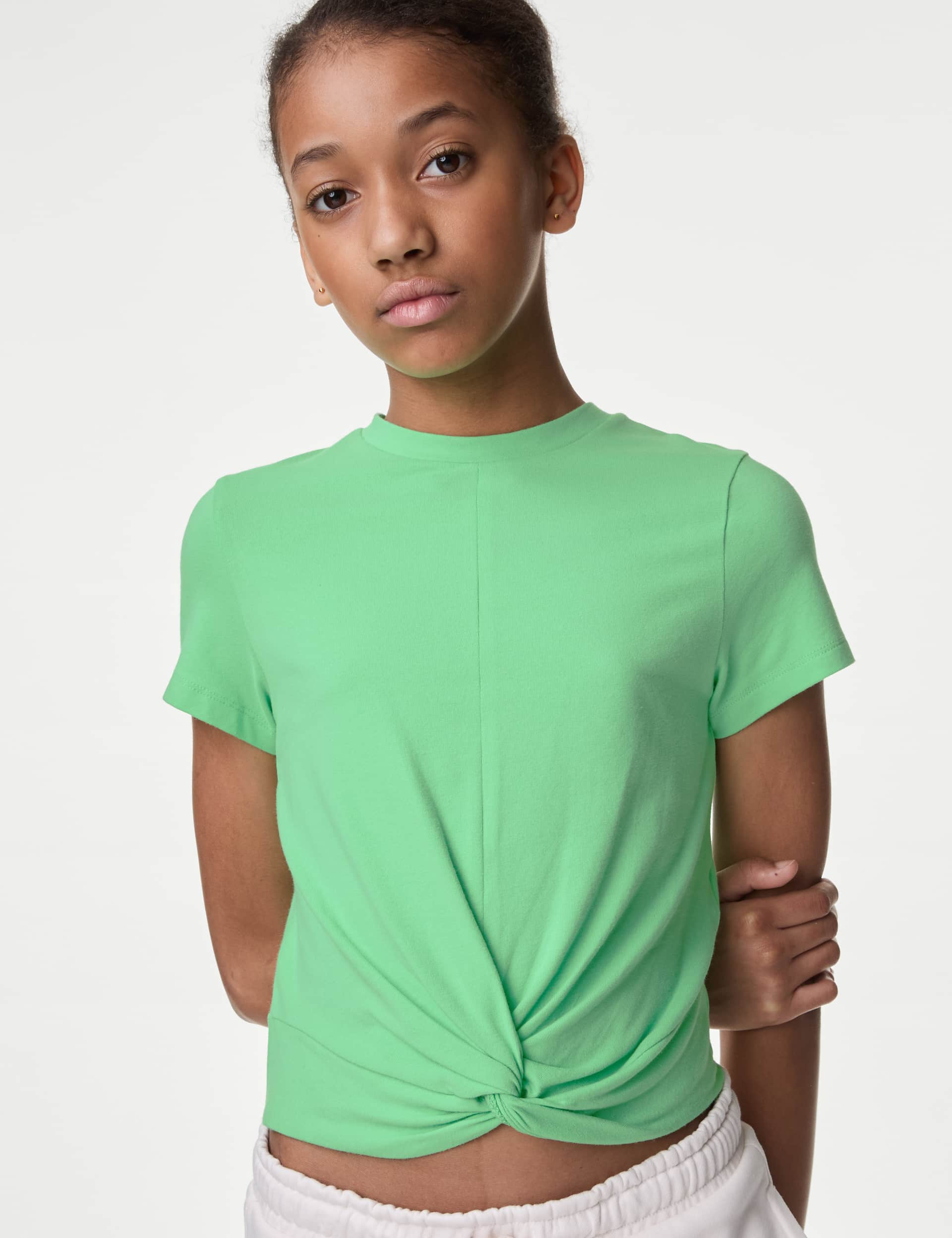 M&S Girls Cotton Rich Twist Front T-Shirt (6-16 Yrs) - 9-10Y - Green, Green,Orange