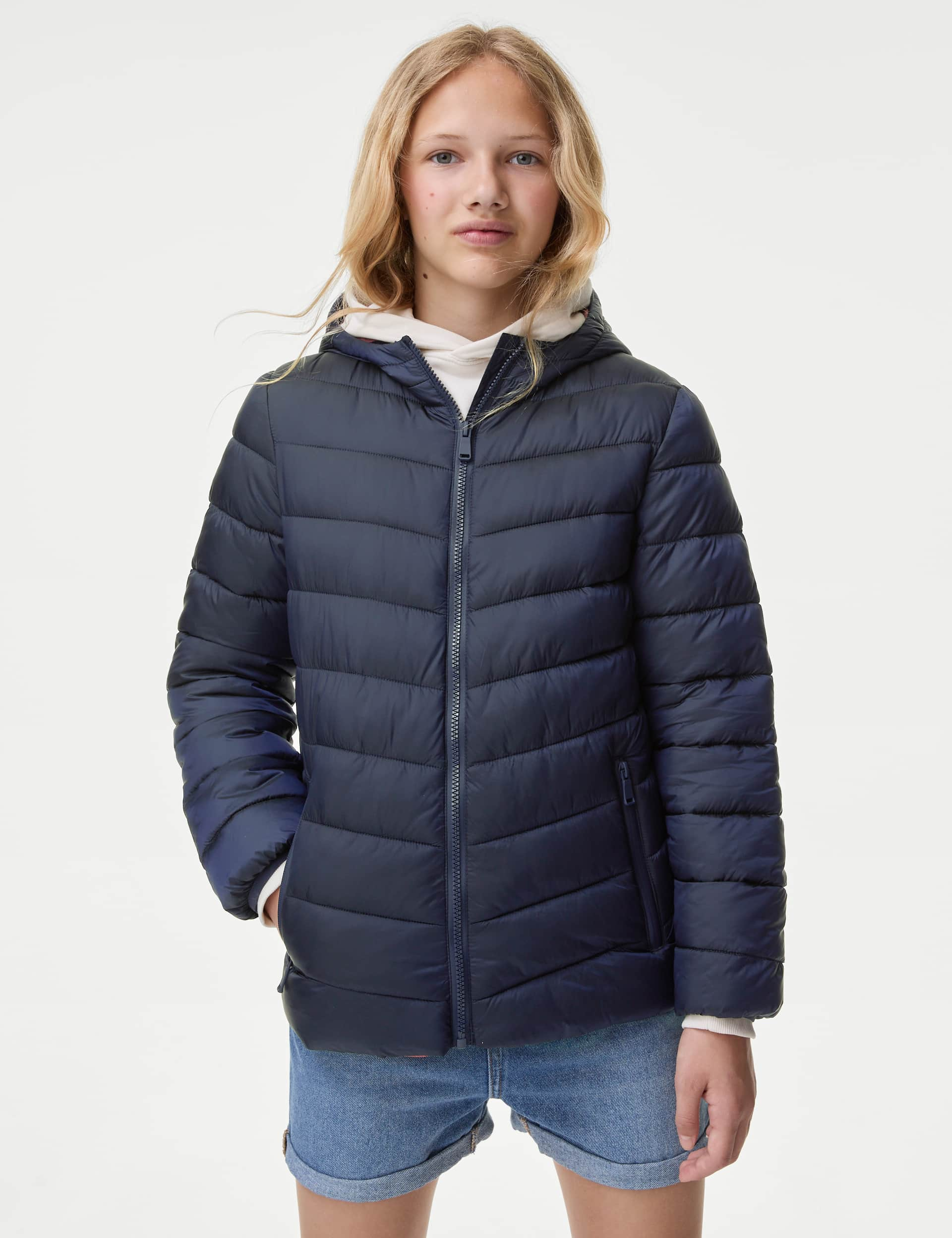 M&S Girls Padded Hooded Jacket (6-16 Yrs) - 13-14 - Navy, Navy,Black,Pink