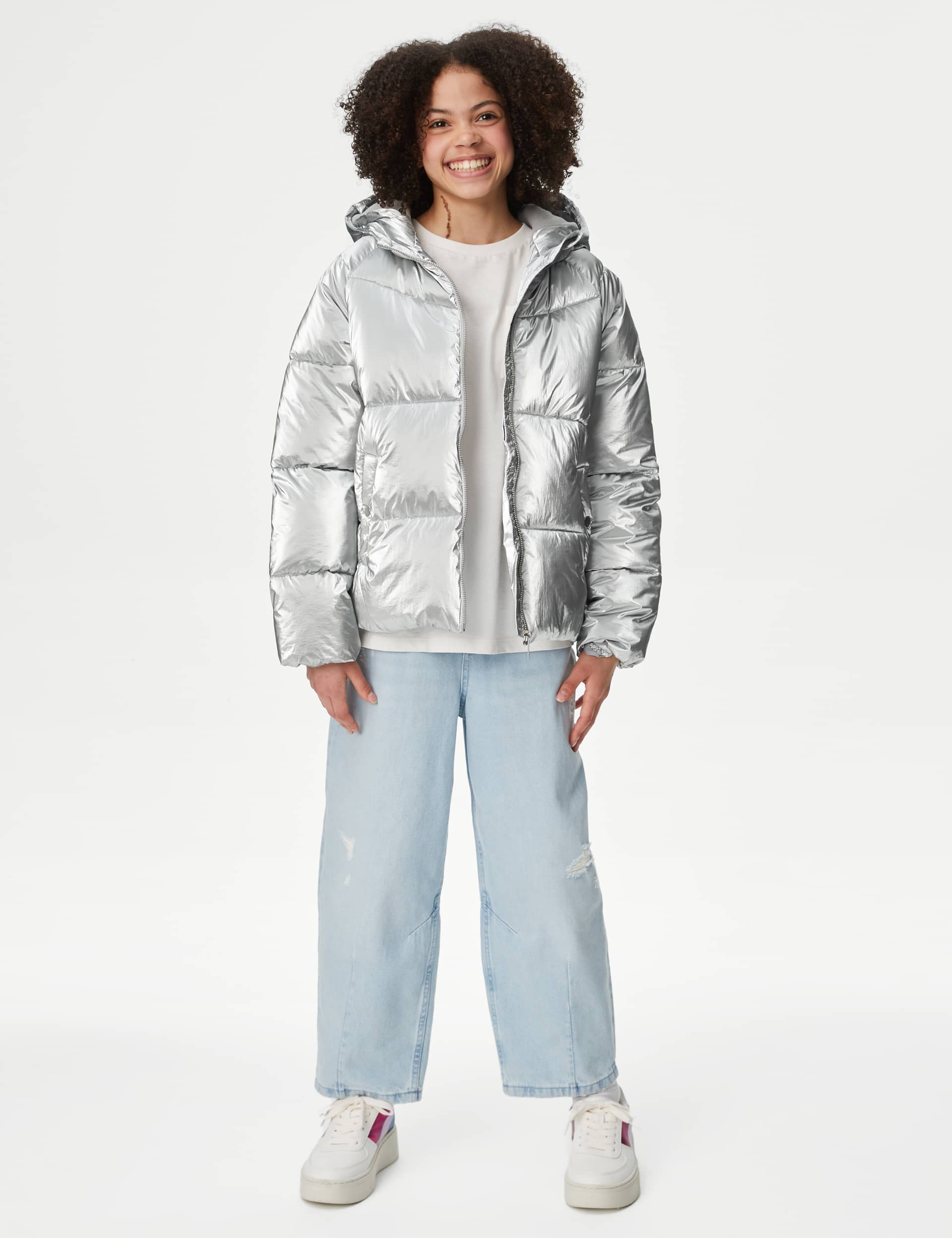 M&S Girls Metallic Hooded Padded Coat (6-16 Yrs) - 9-10Y - Silver, Silver