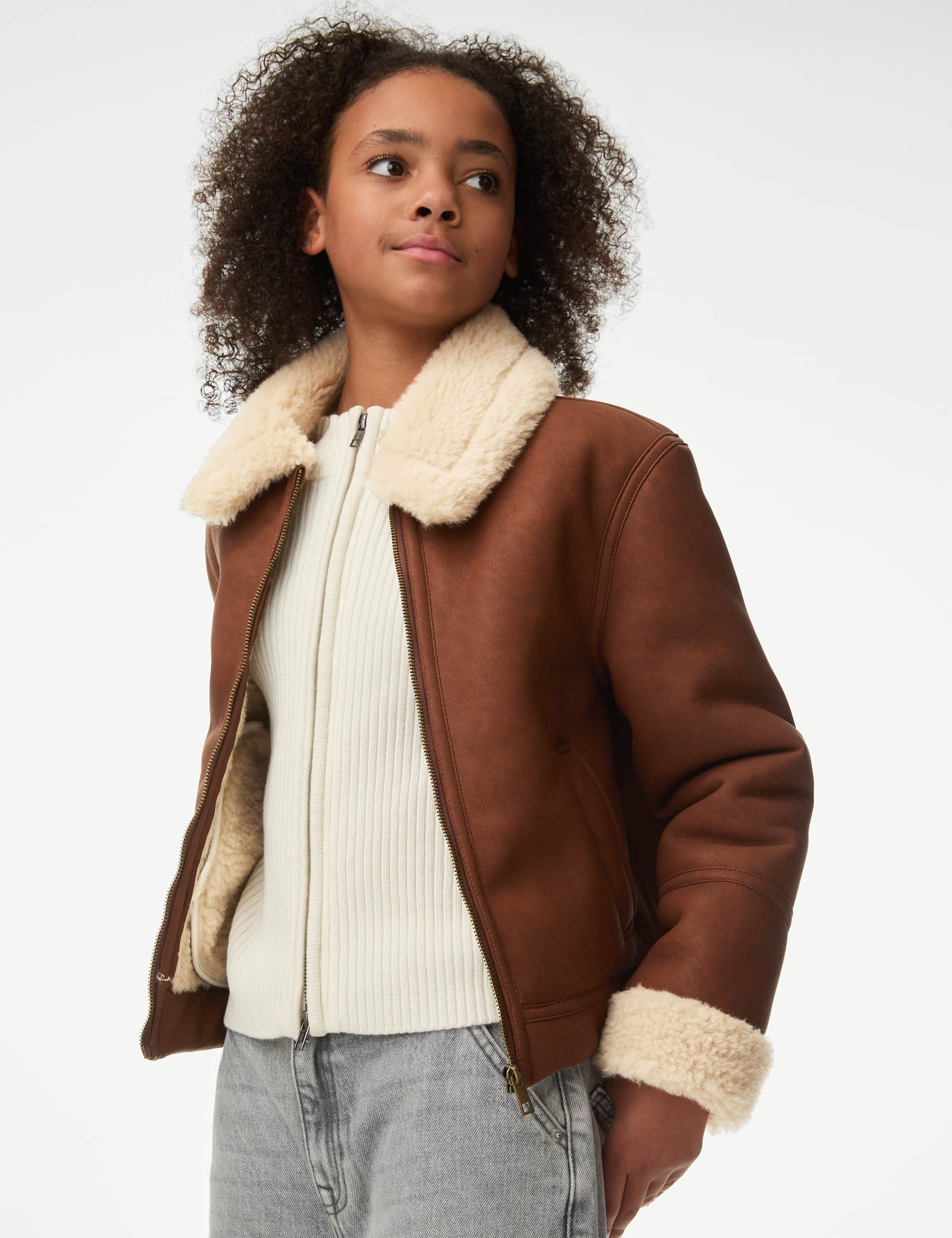 M&S Girls Faux Shearling Aviator Jacket (6-16 Yrs) - 10-11 - Brown Mix, Brown Mix