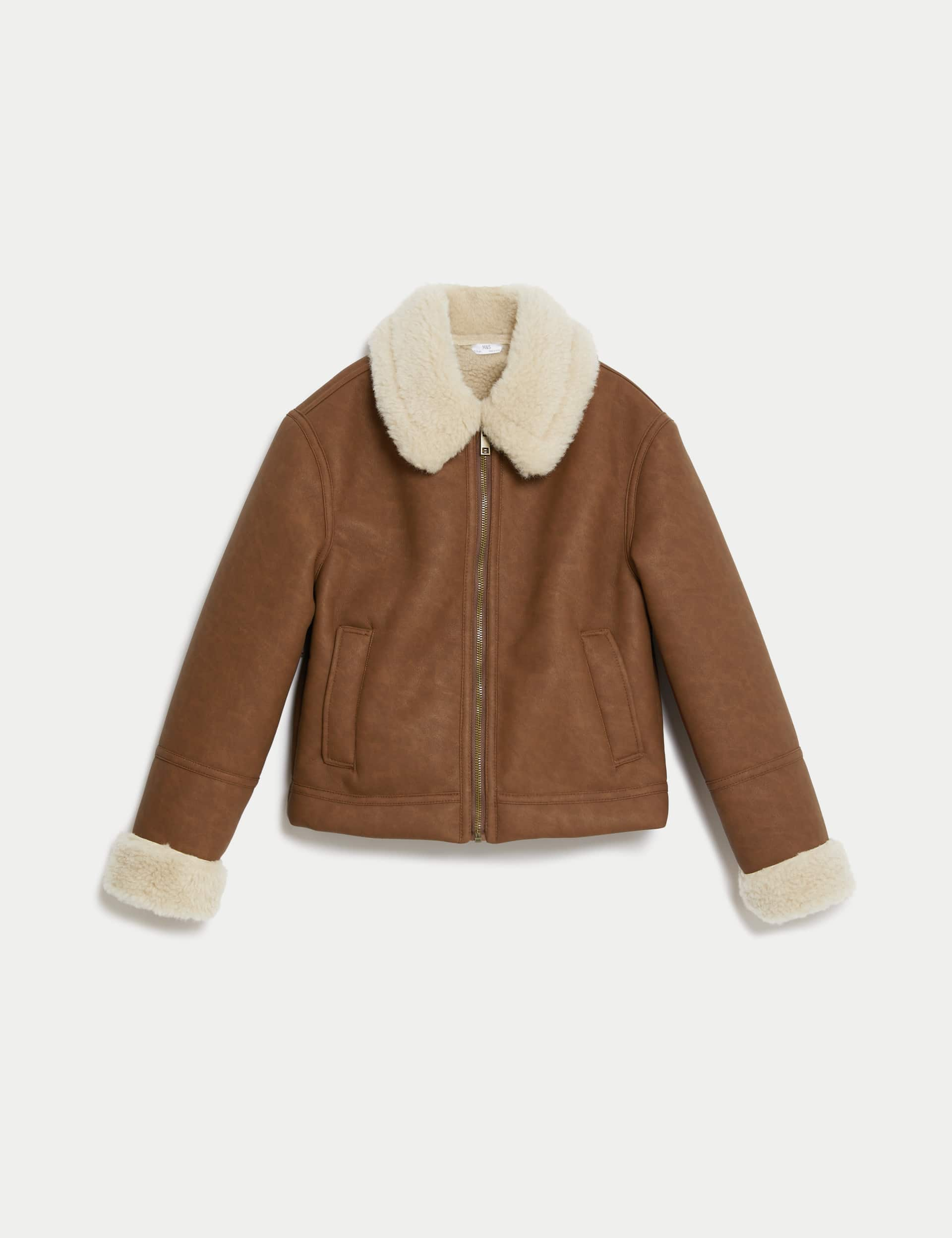 M&S Girls Faux Shearling Aviator Jacket (6-16 Yrs) - 10-11 - Brown Mix, Brown Mix