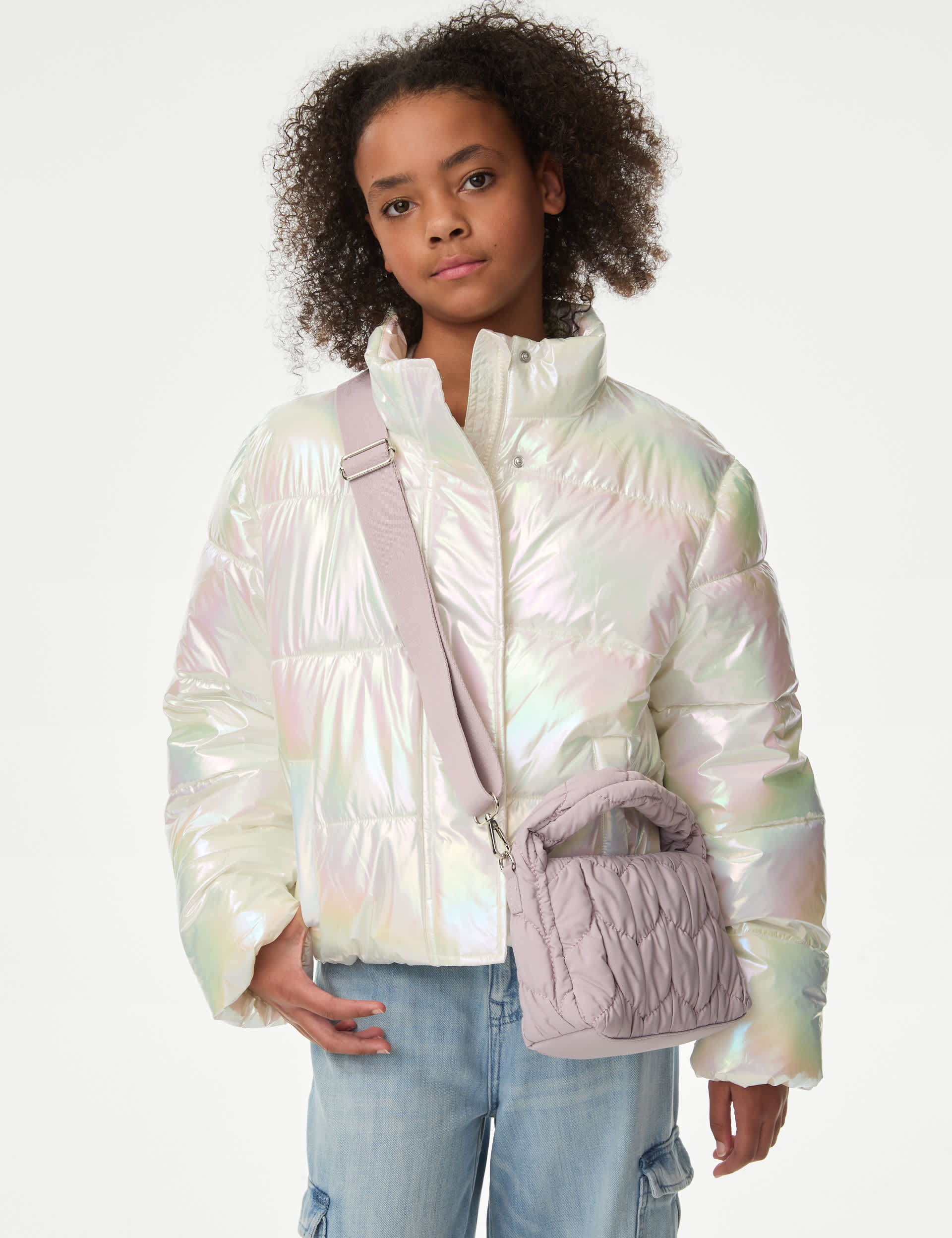 M&S Collection Girls Iridescent Padded Jacket (6-16 Yrs) - 14-15 - Ivory Mix, Ivory Mix