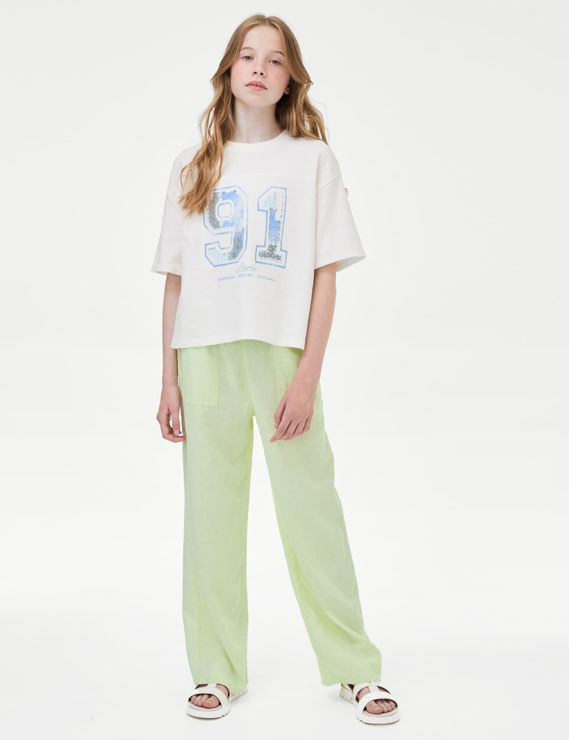 M&S Girls Linen Rich Printed Trousers (6-16 Yrs)