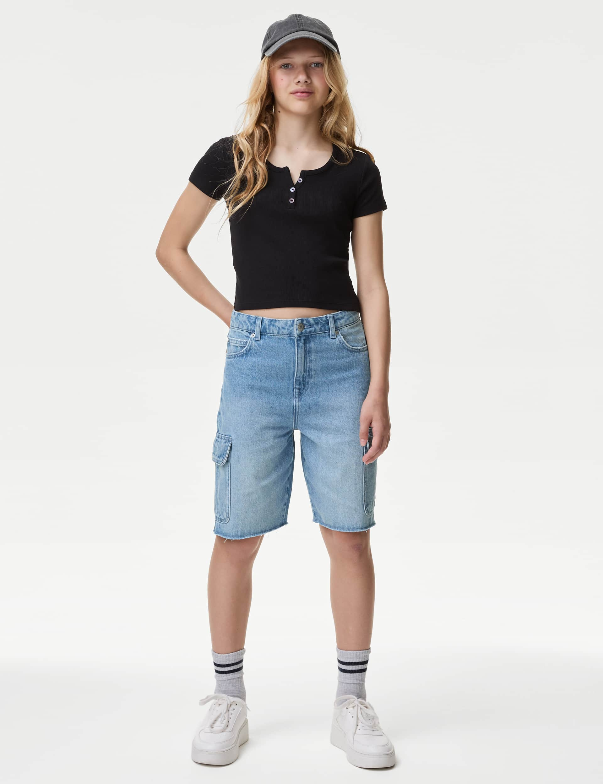 M&S Girls Denim Cargo Shorts (6-16 Yrs) - 8-9 Y, Denim