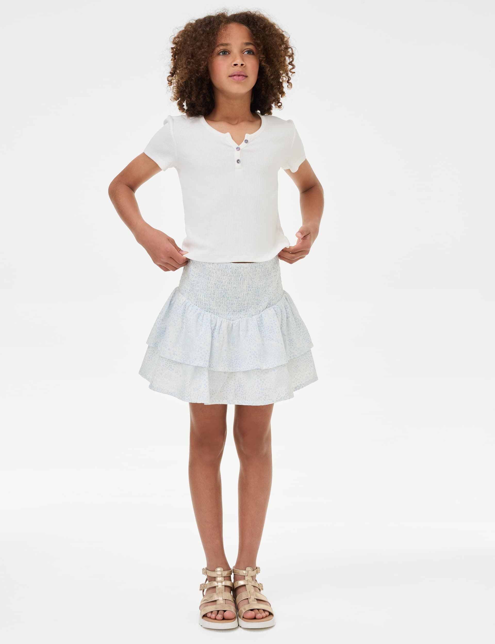 M&S Girls Pure Cotton Shirred Ra Ra Skirt (6-16 Yrs) - 15-16 - Ivory Mix, Ivory Mix,Blue