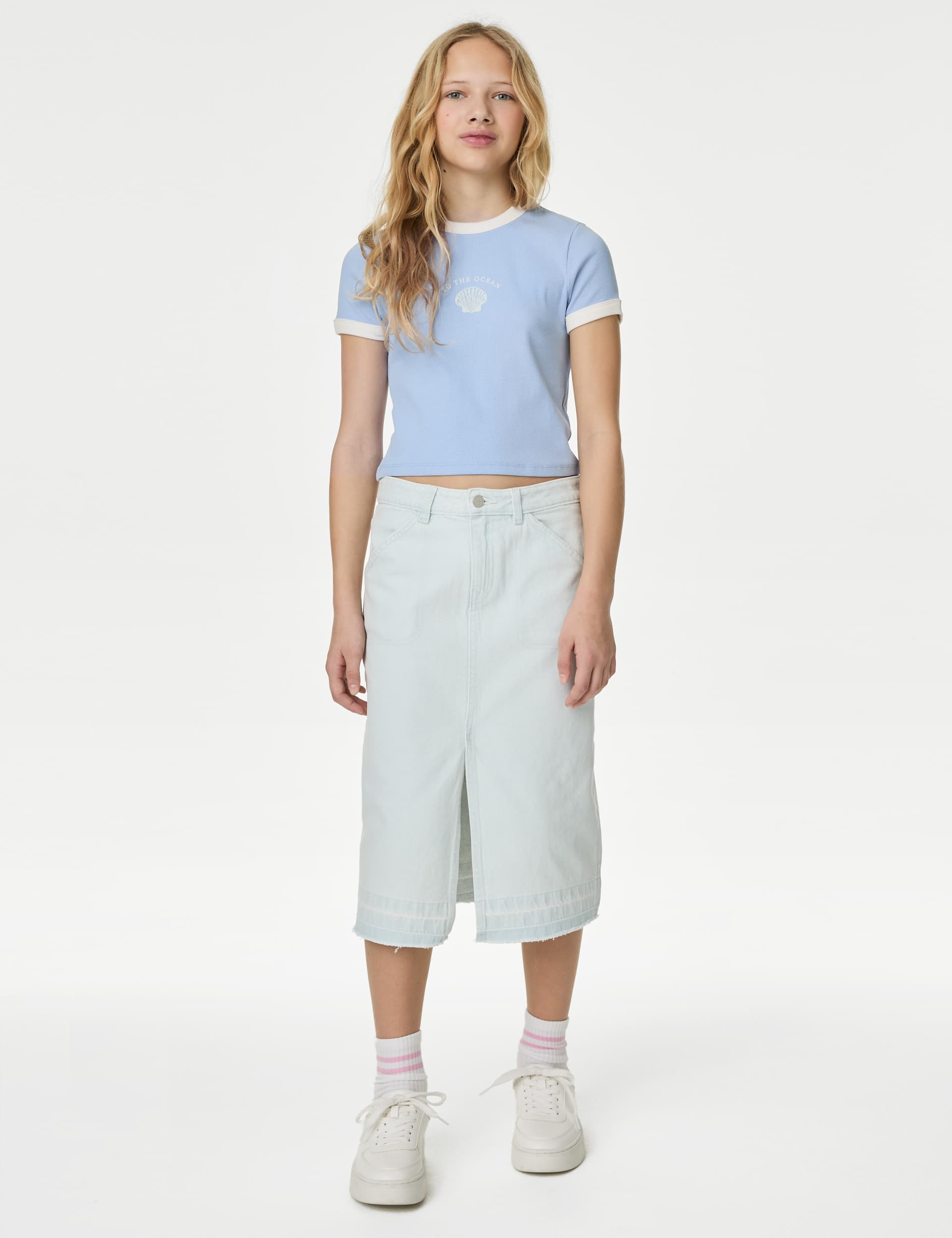 M&S Girls Midi Denim Skirt (6-16 Yrs) - 9-10Y - Light Denim, Light Denim,Med Blue Denim