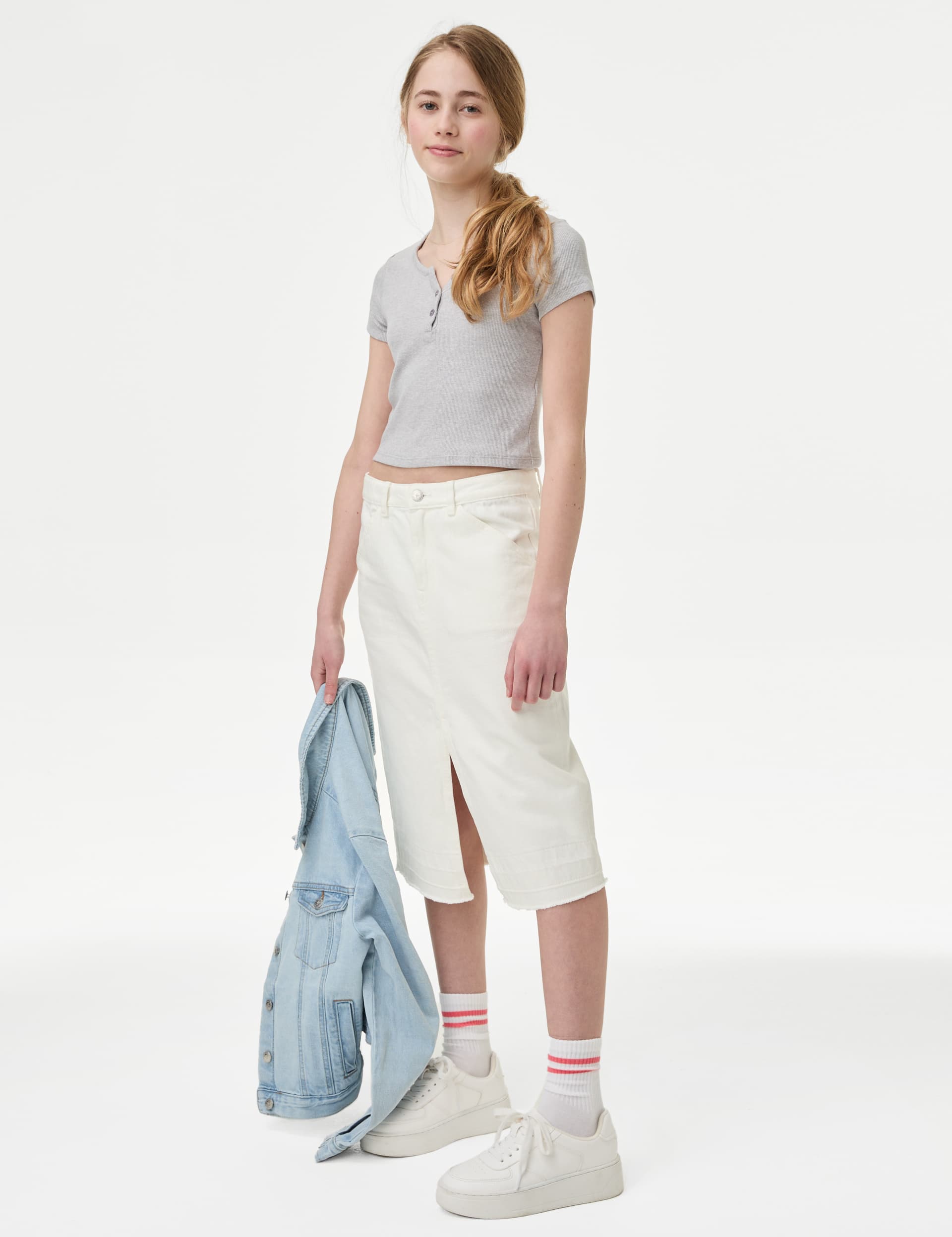 M&S Girls Midi Denim Skirt (6-16 Yrs) - 8-9 Y - Ivory, Ivory