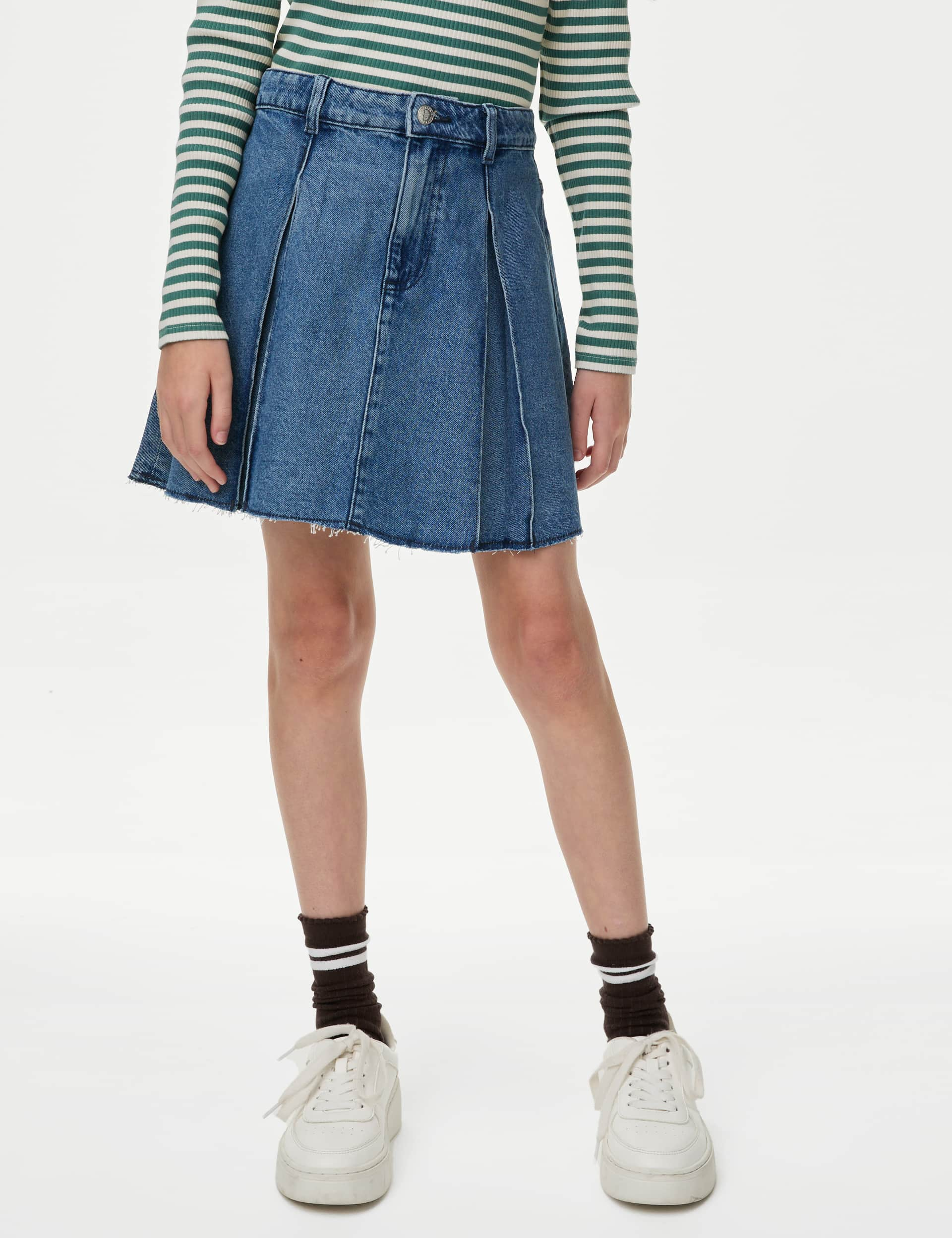 M&S Girls Denim Pleated Skirt (6-16 Yrs) - 7-8 Y - Blue, Blue