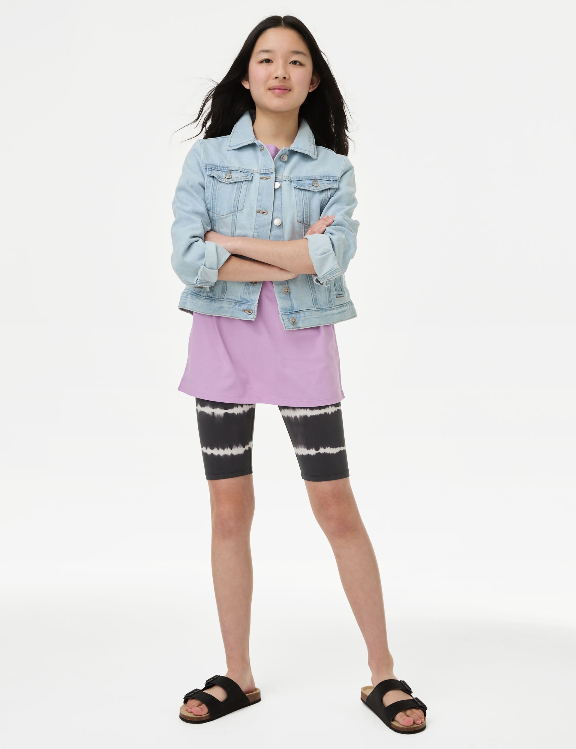 M&S Girls Cotton Rich Print Cycling Shorts (6-16 Yrs) - 8-9 Y - Charcoal Mix, Charcoal Mix,Pink