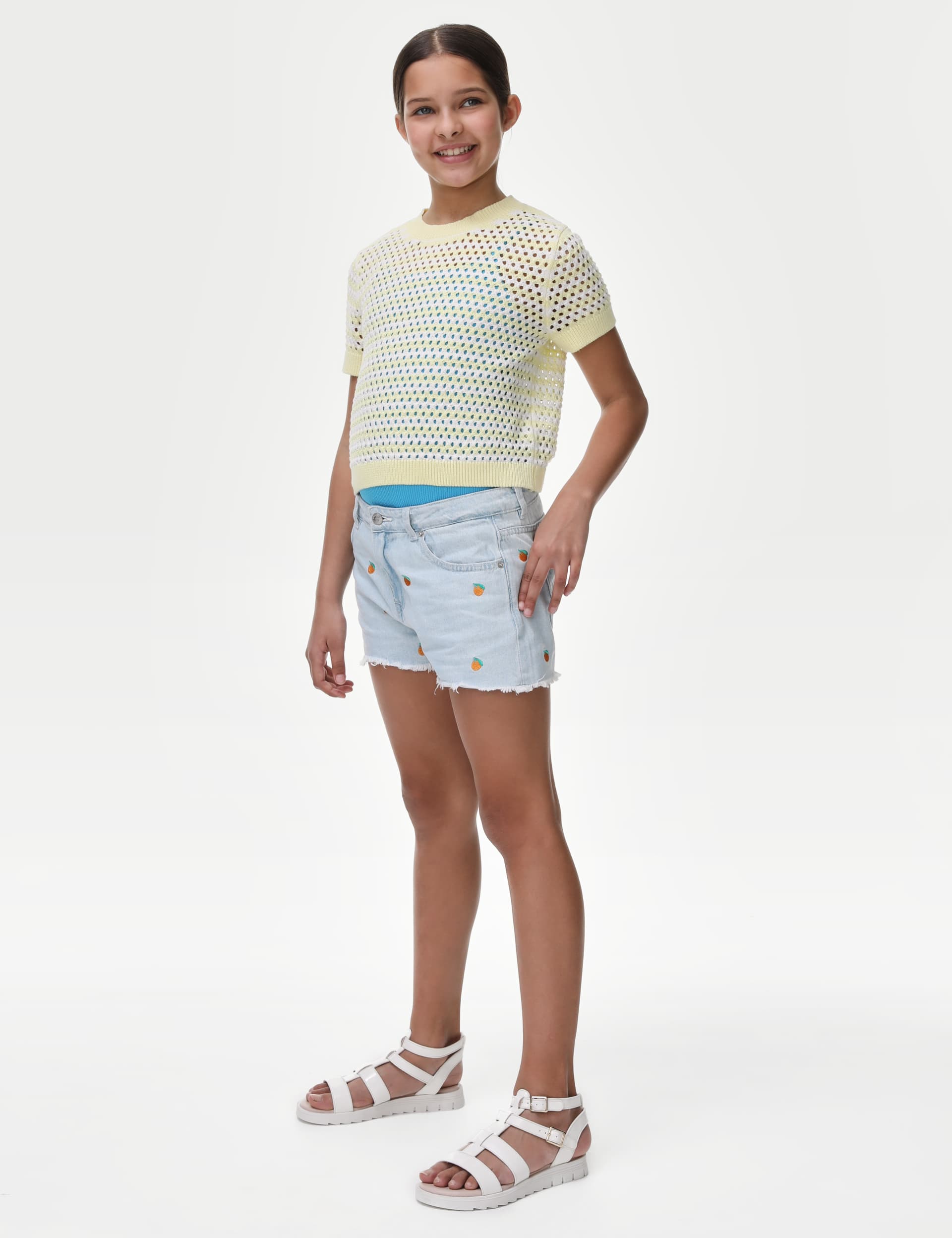 M&S Girls Denim Embroidered Orange Shorts (6-16 Yrs) - 13-14, Denim