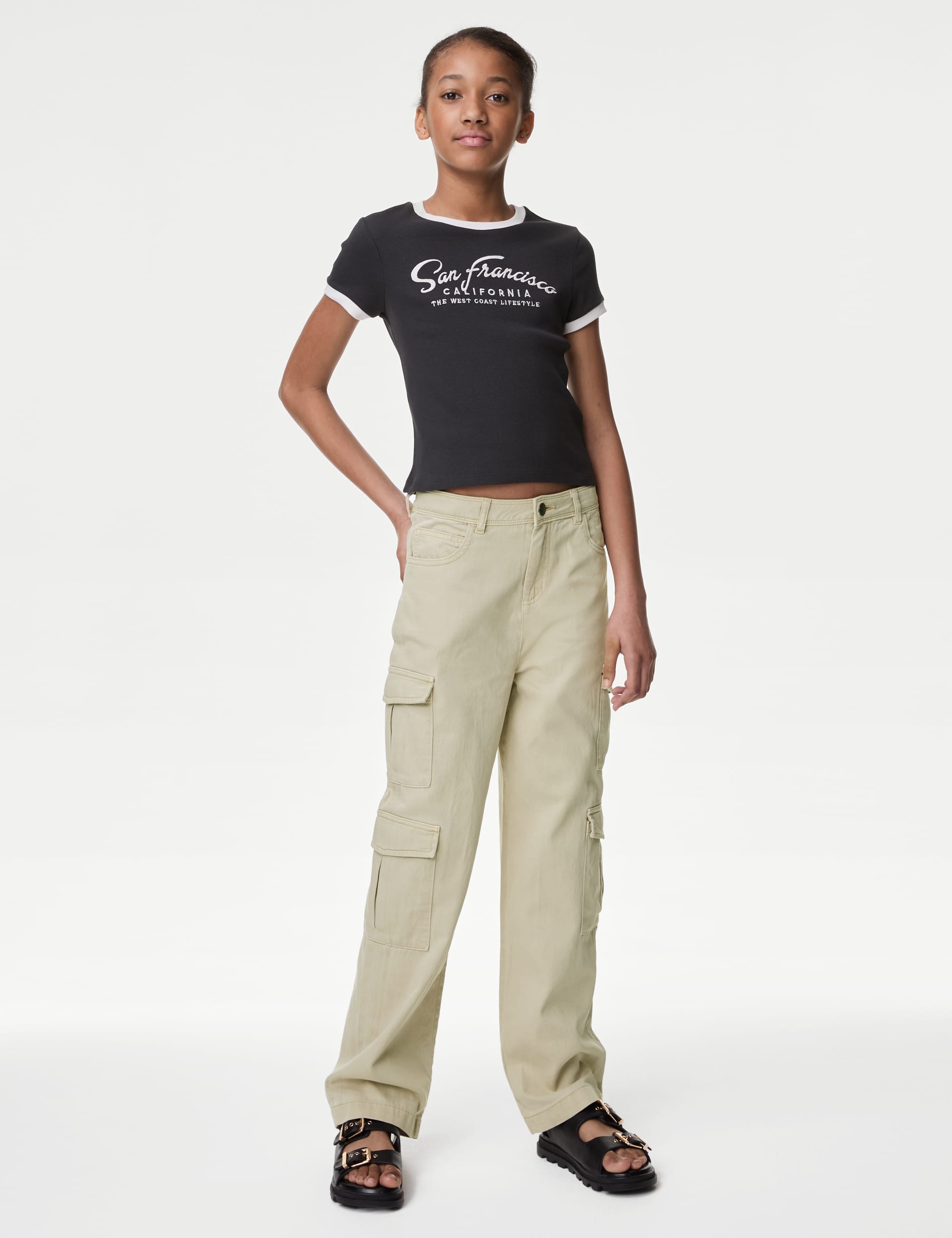 M&S Girls Cotton Rich Cargo Trousers (6-16 Yrs) - 11-12 - Stone, Charcoal,Stone,Khaki,Pink