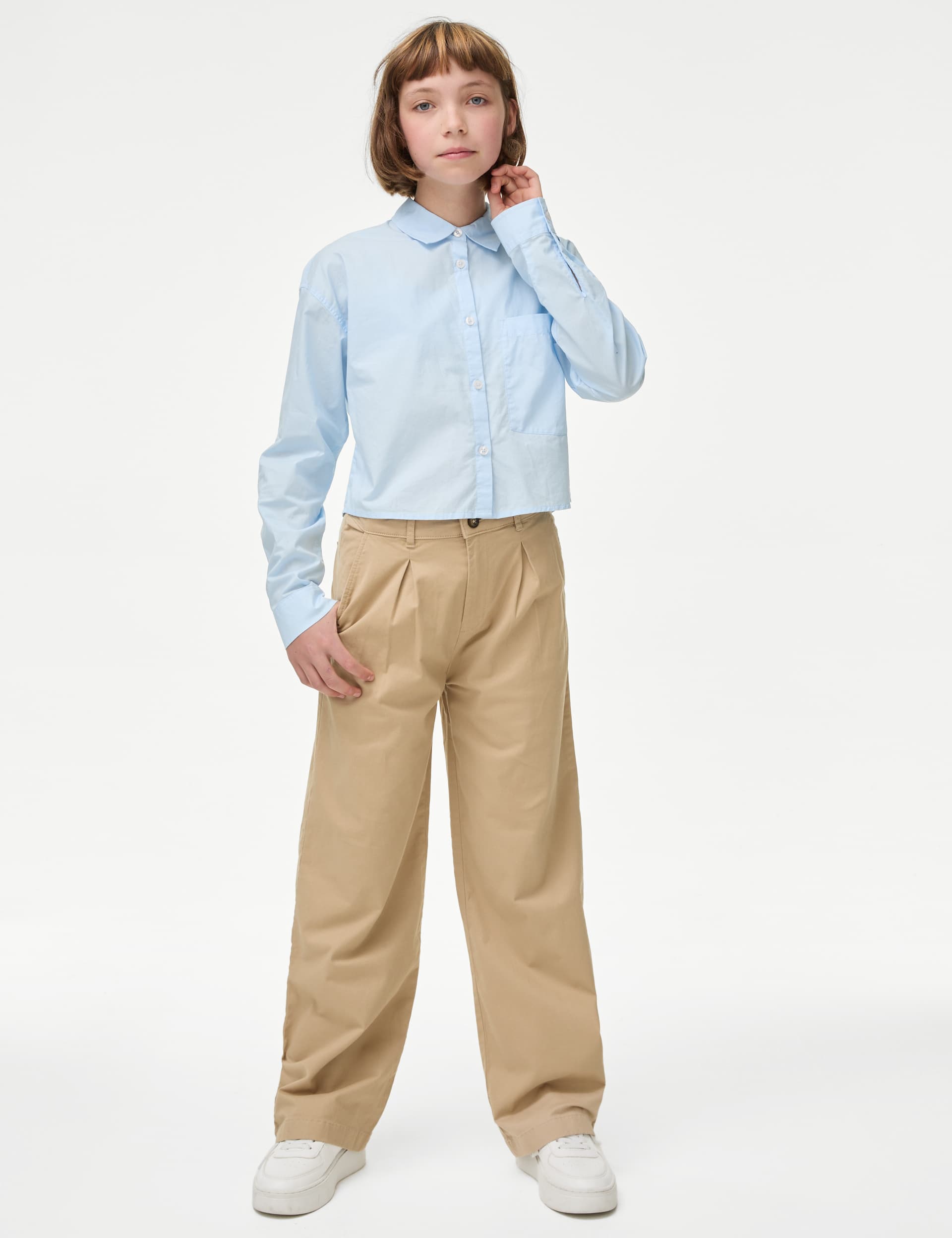 M&S Girls Cotton Rich Chino Trousers (6-16 Yrs) - 7-8 Y - Stone, Stone