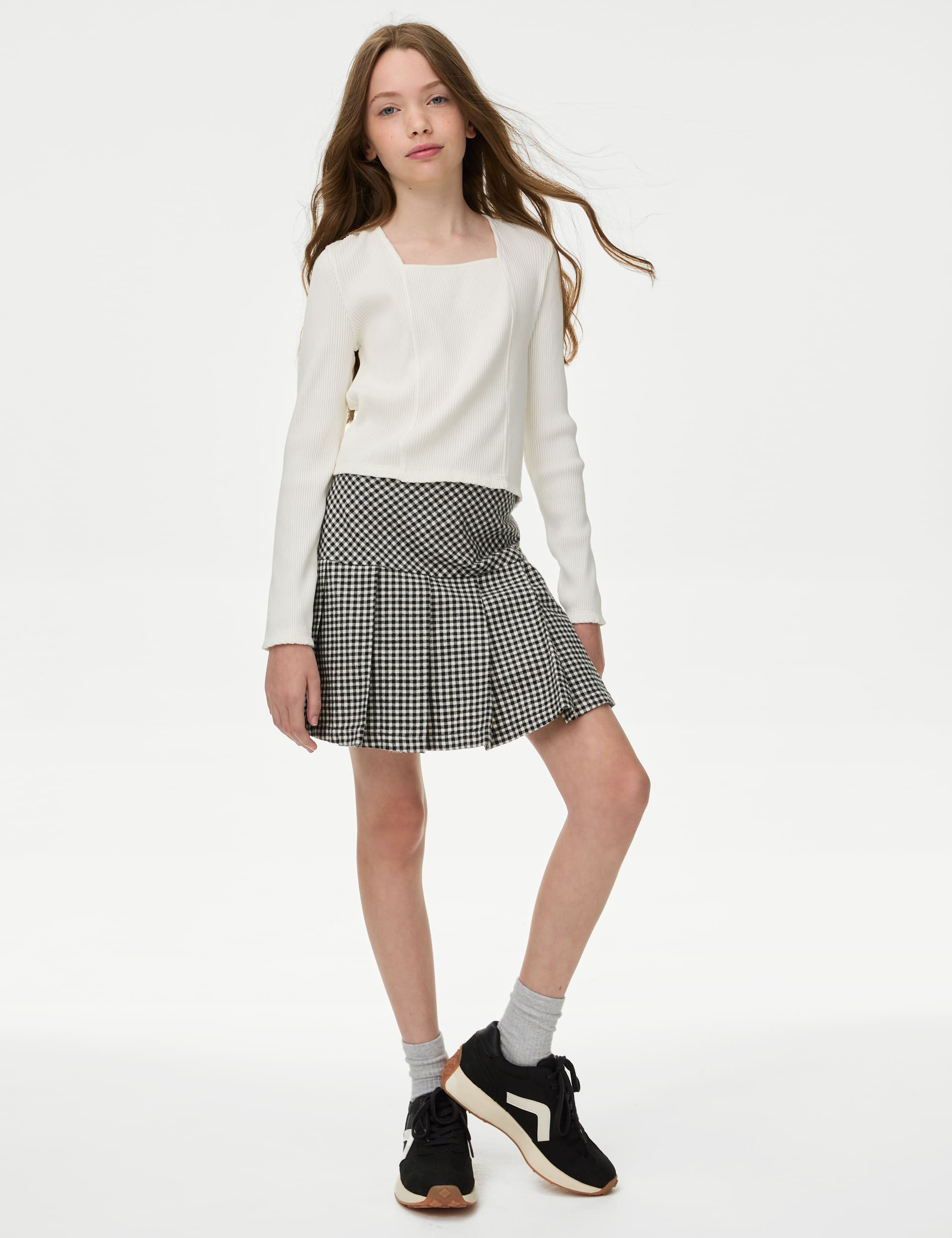 M&S Girls Cotton Blend Dogtooth Skort (6-16 Yrs)
