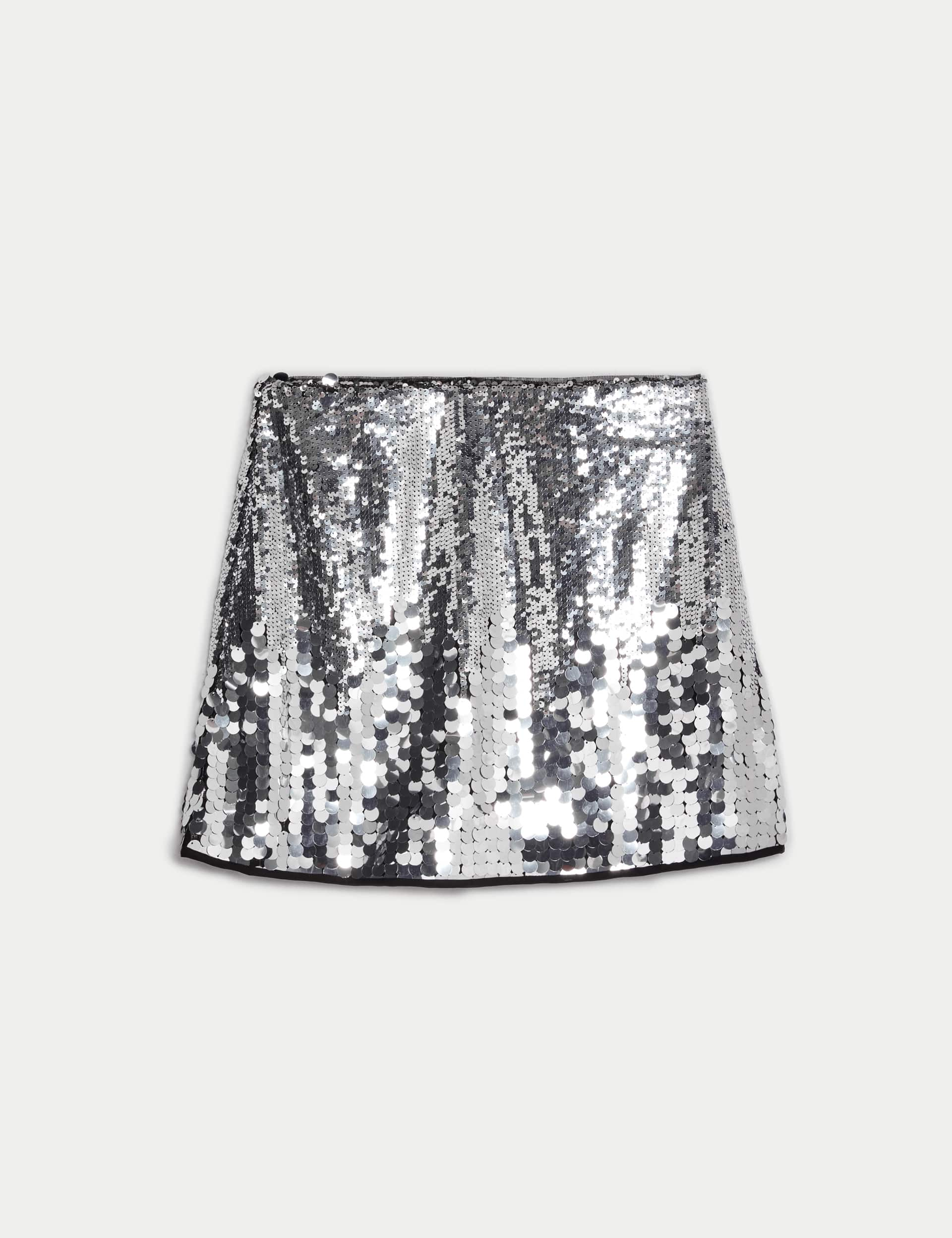 M&S Girls Mini Sequin Skirt (6-16 Yrs) - 8-9 Y - Silver, Silver,Pink