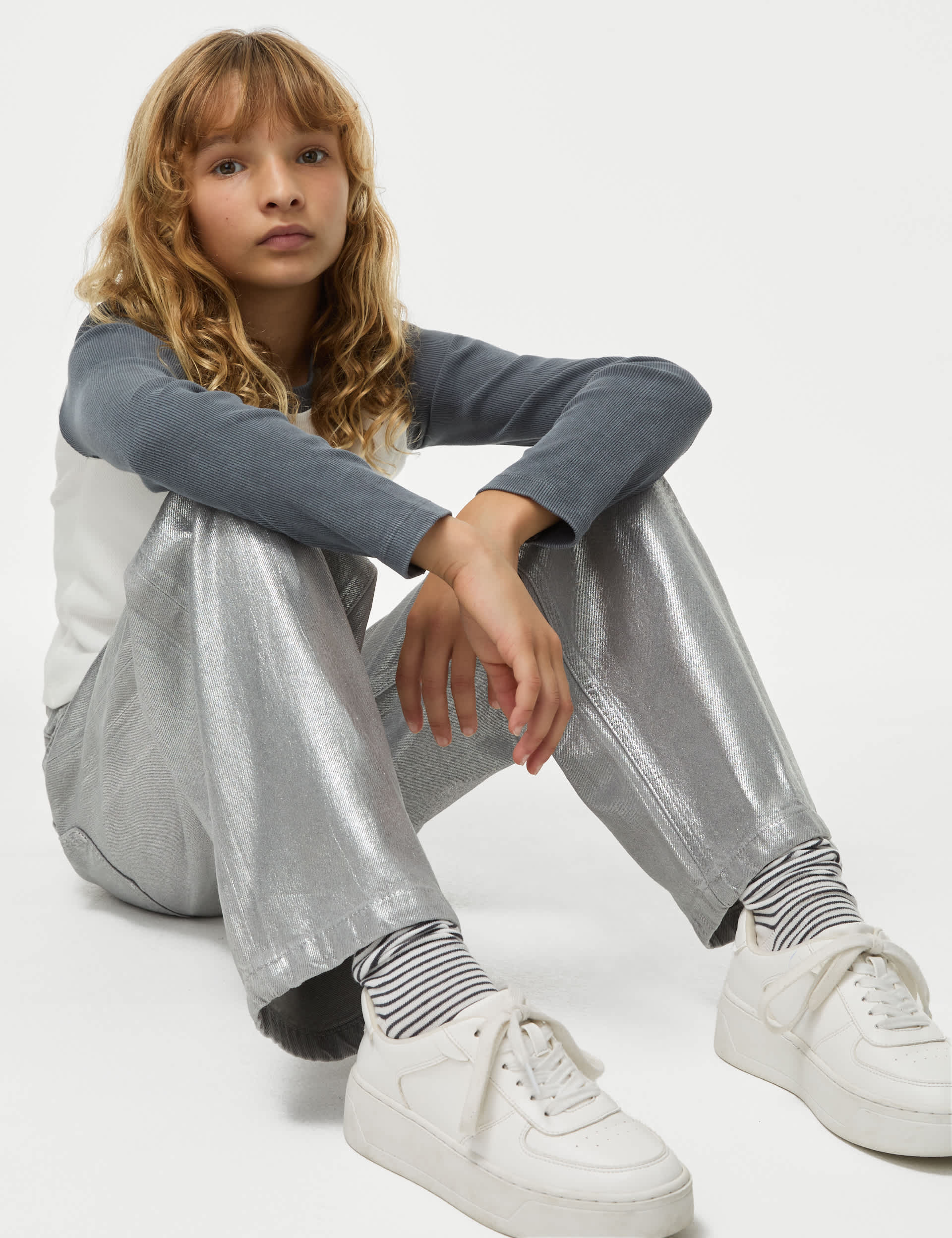 M&S Girls Wide Leg Foil Denim Jeans (6-16 Yrs) - 12-13 - Silver, Silver,Gold