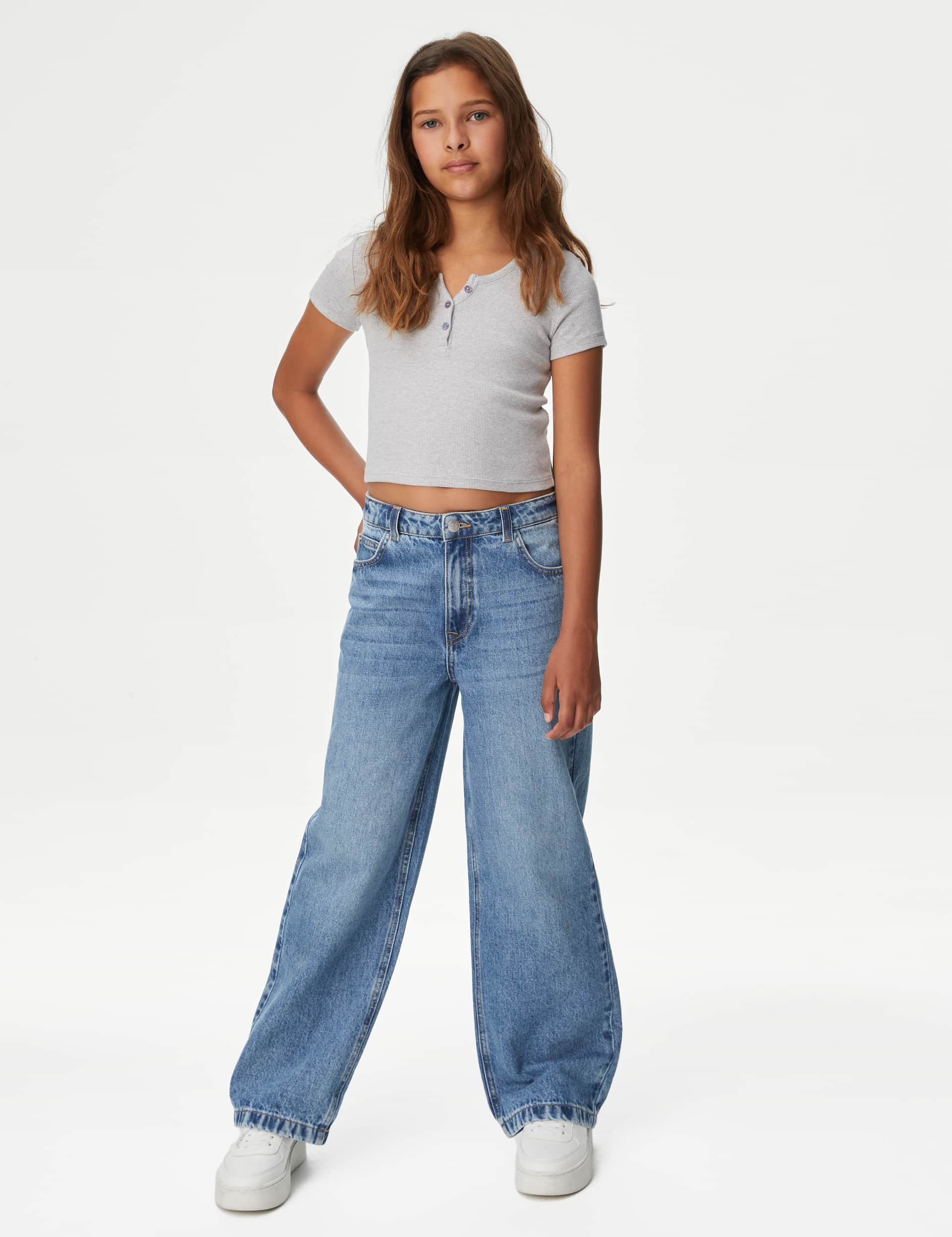 M&S Girls Wide Leg Denim Jeans (6-16 Yrs) - 9-10Y, Denim,Black