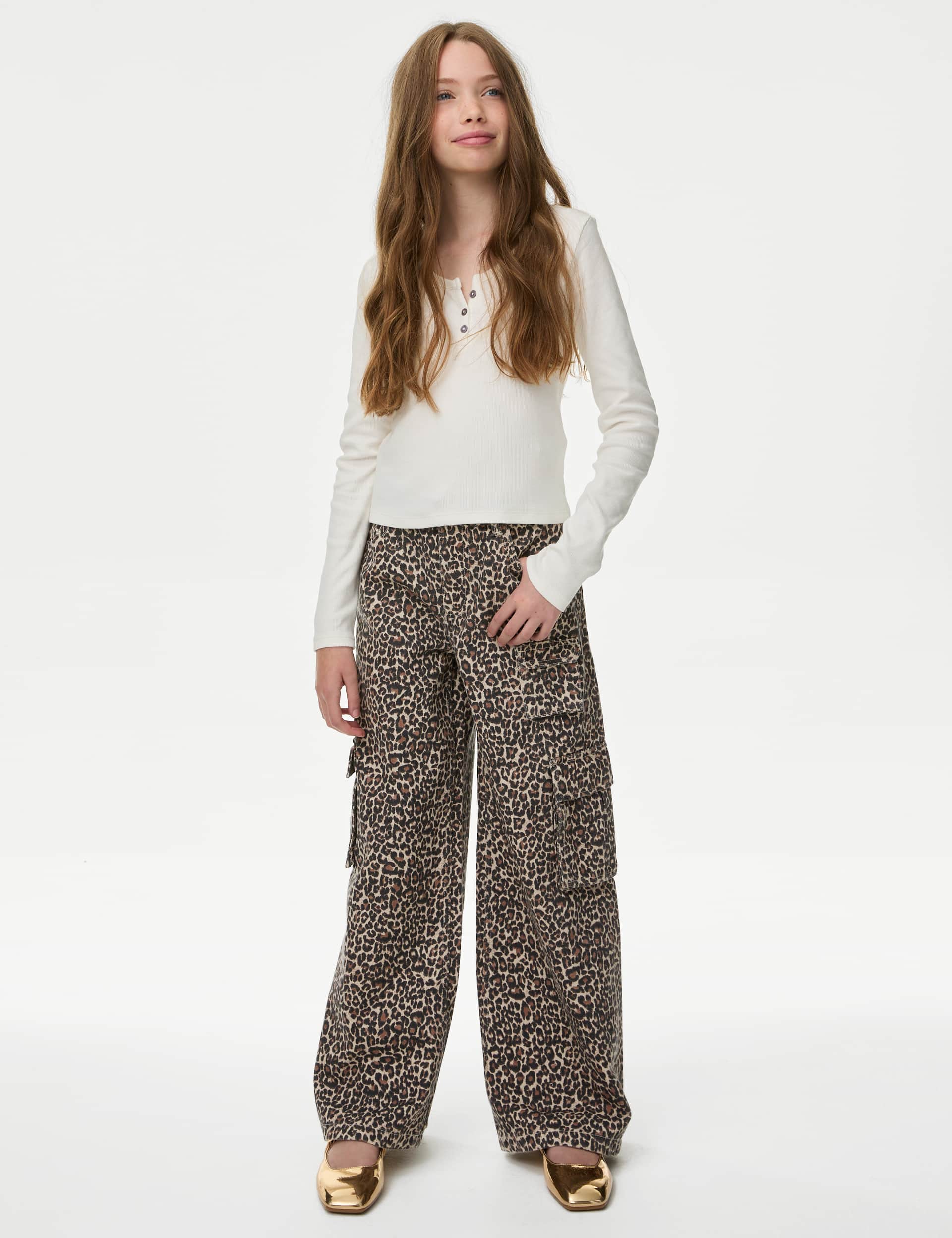M&S Girls Pure Cotton Leopard Print Cargo Jeans (6-16 Yrs)