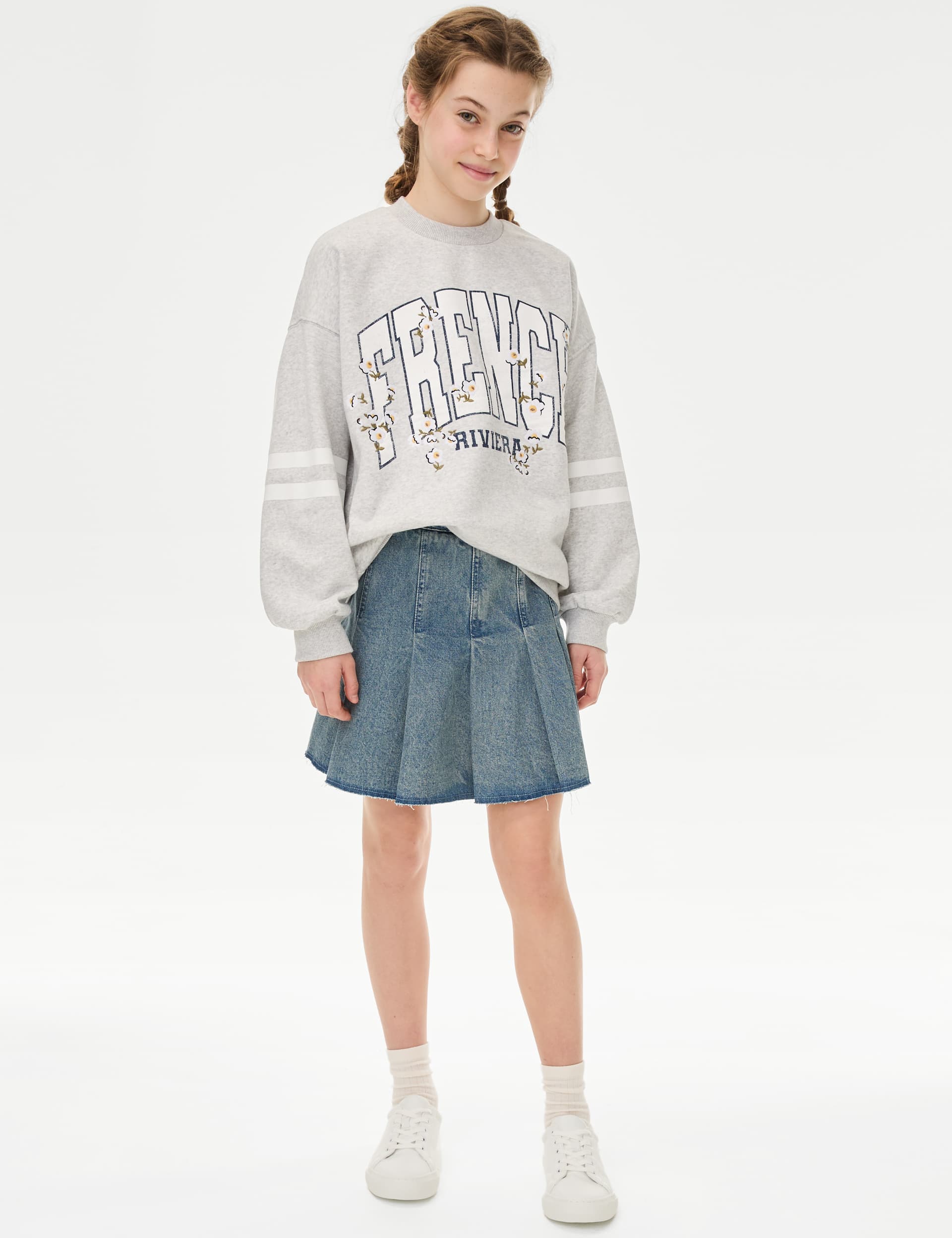 M&S Collection Girls Denim Pleated Skirt (6-16 Yrs) - 9-10Y, Denim