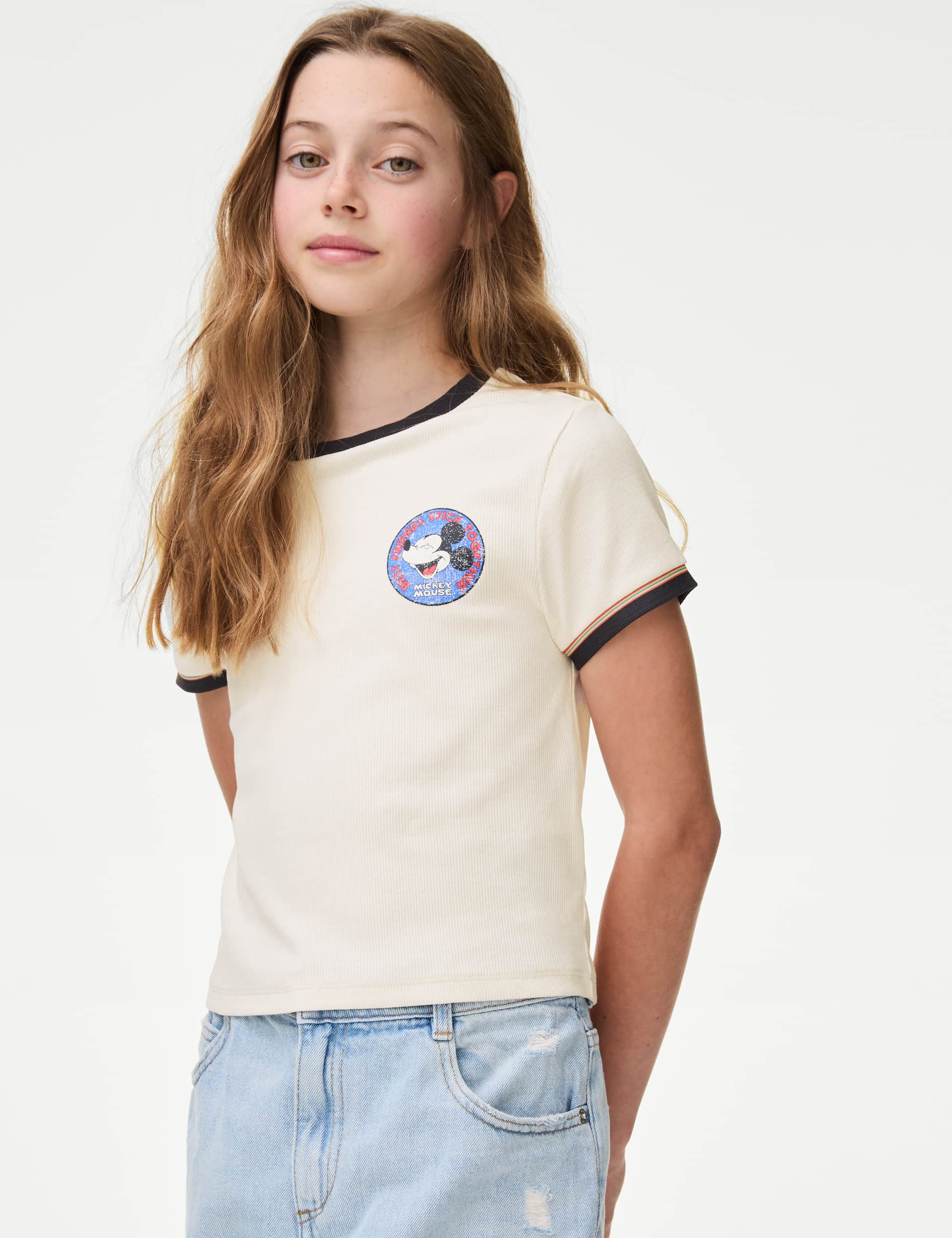 M&S Girls Cotton Rich Mickey T-Shirt (6-16 Yrs) - 8-9 Y - Ivory, Ivory