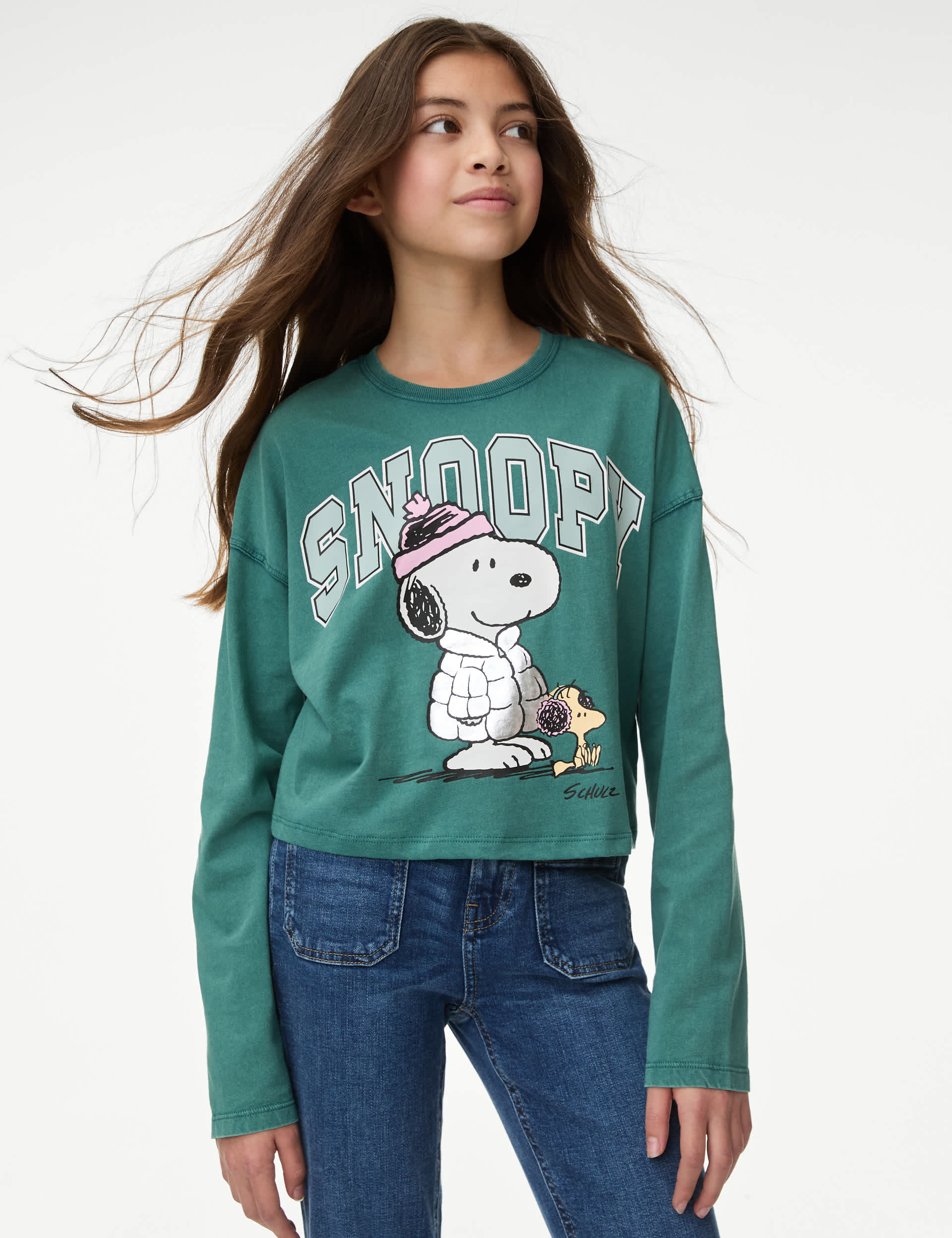 M&S Girls Pure Cotton Snoopy Top (6-16 Yrs) - 8-9 Y - Green Mix, Green Mix