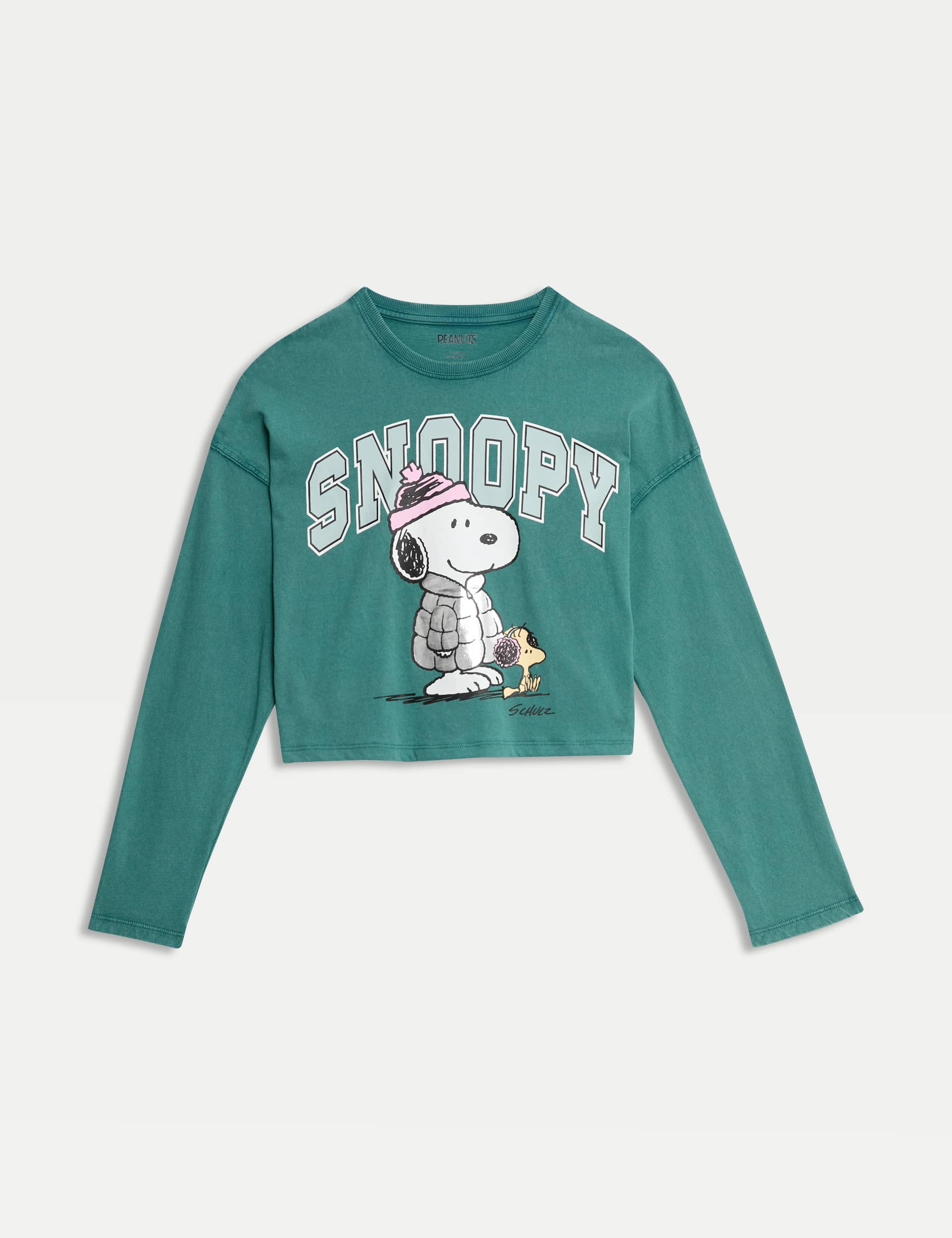 M&S Girls Pure Cotton Snoopy Top (6-16 Yrs) - 8-9 Y - Green Mix, Green Mix