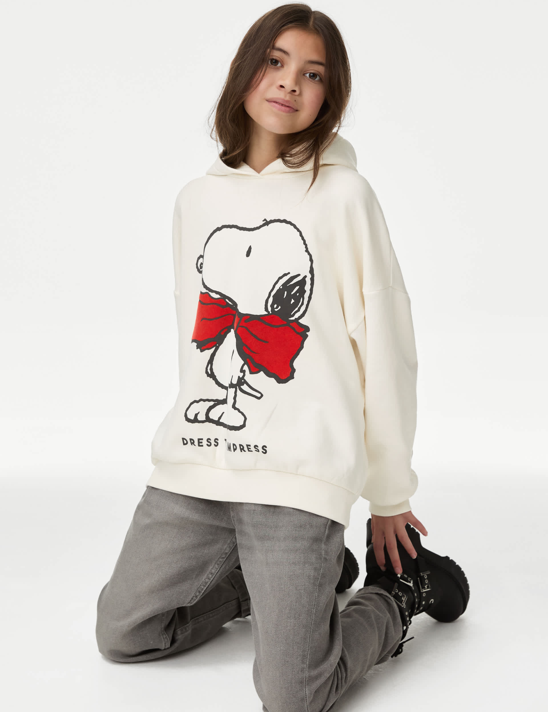 M&S Girls Cotton Rich Snoopy Bow Hoodie (6-16 Yrs) - 12-13 - Ecru, Ecru