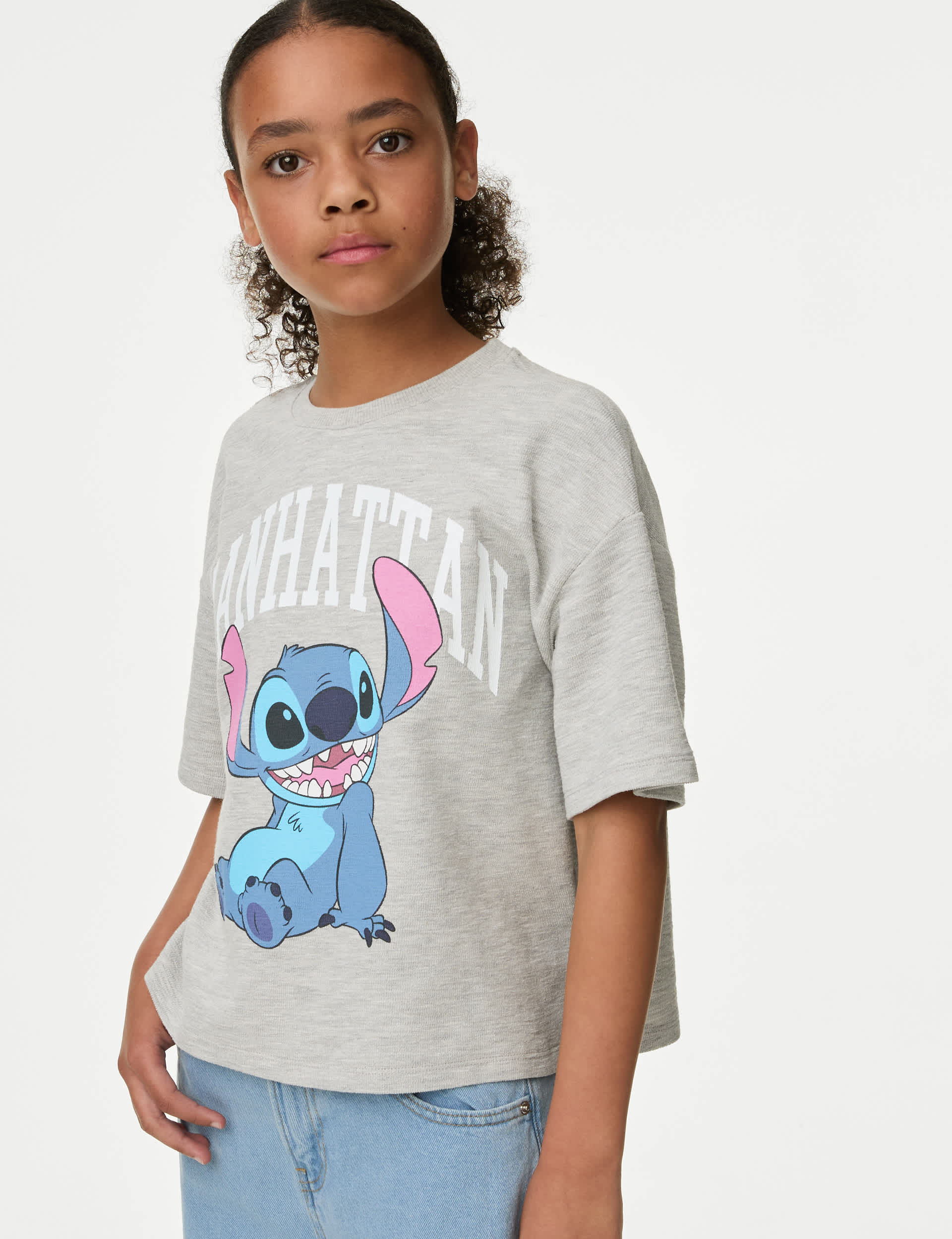 M&S Girls Cotton Rich Lilo & Stitch T-Shirt (6-16 Yrs) - 13-14 - Grey Marl, Grey Marl