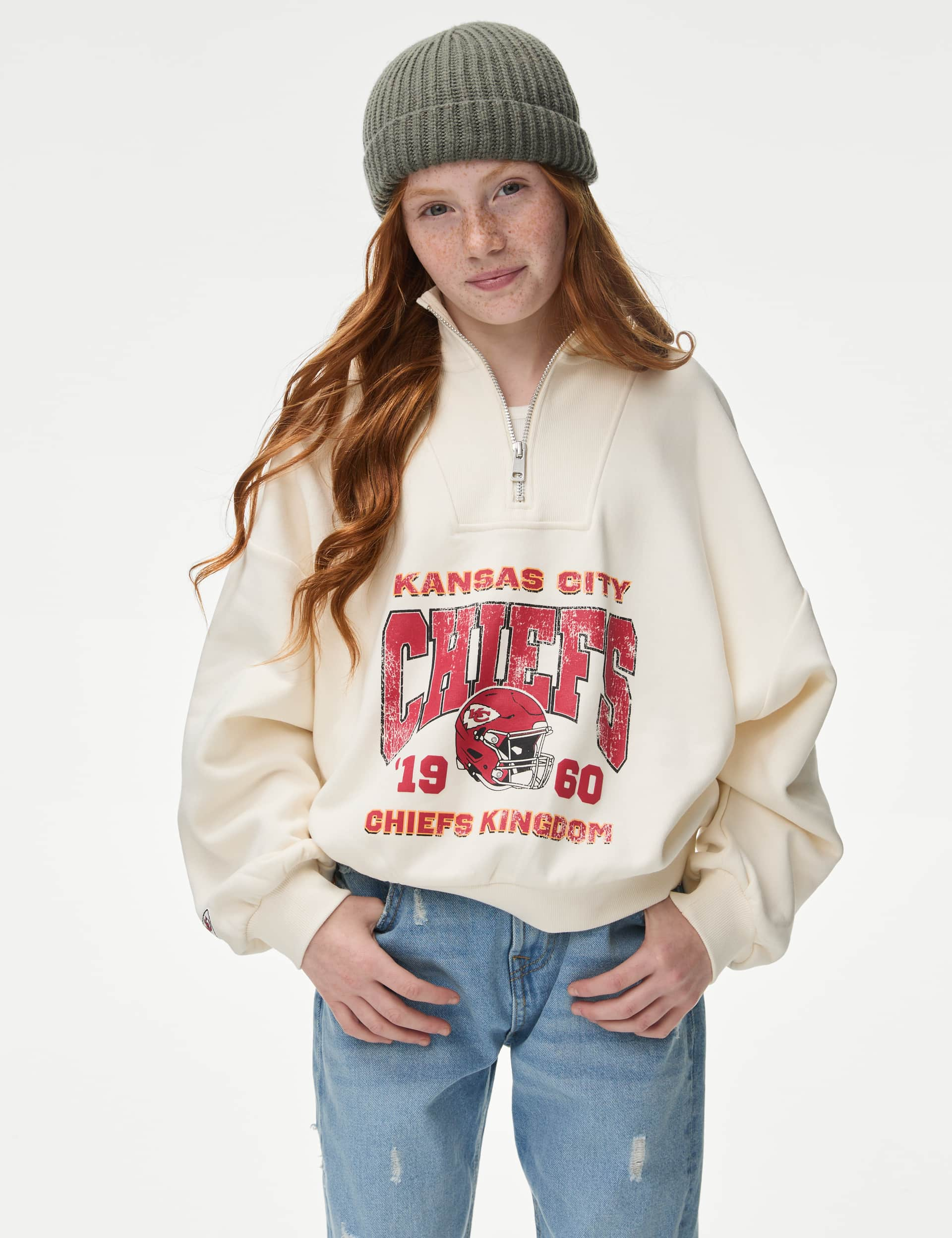 M&S Girls Cotton Rich NFL Kansas City Chiefs Sweatshirt (6-16 Yrs) - 11-12 - Ecru, Ecru