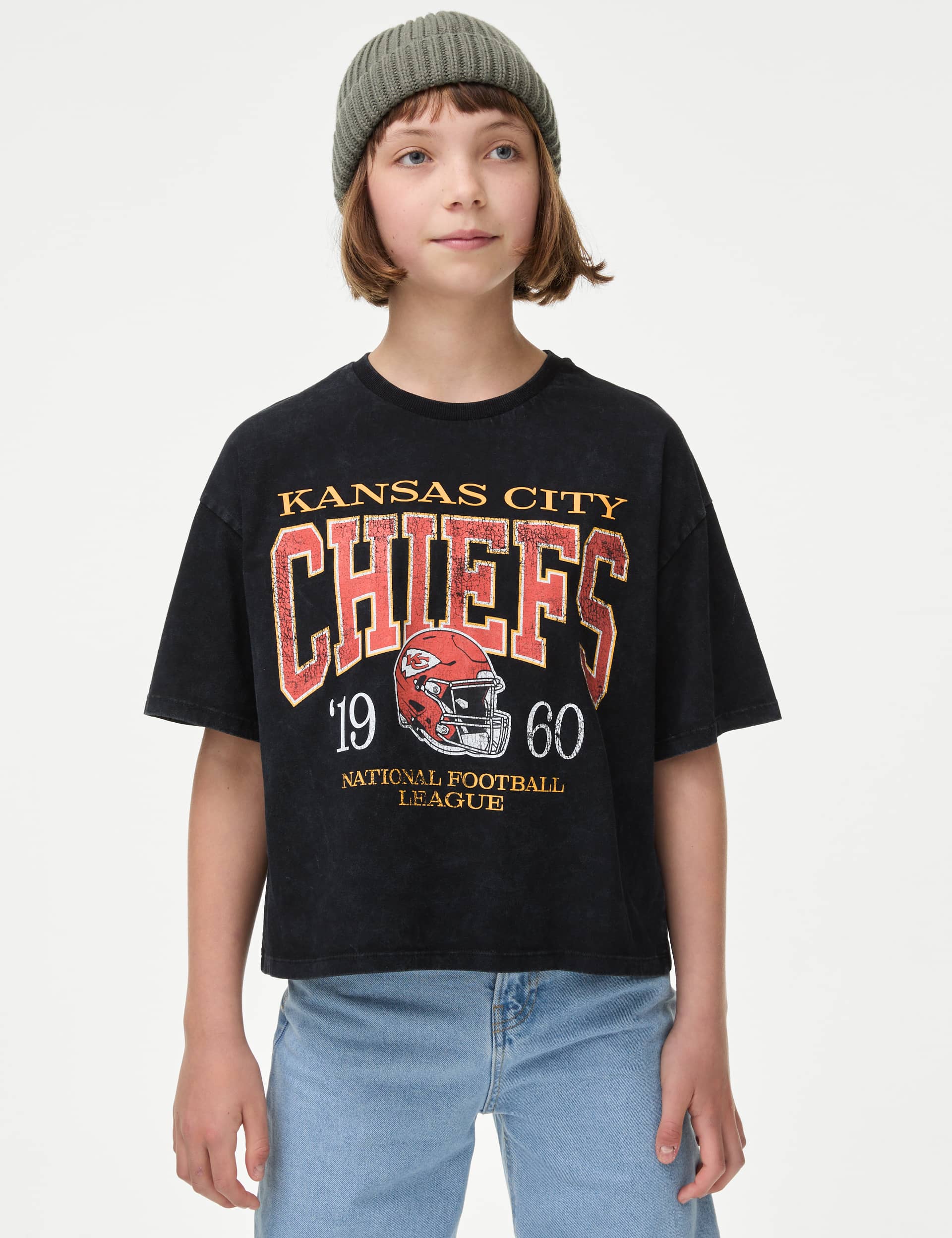 M&S Girls Pure Cotton Kansas City Chiefs T-Shirt (6-16 Yrs) - 9-10Y - Black, Black