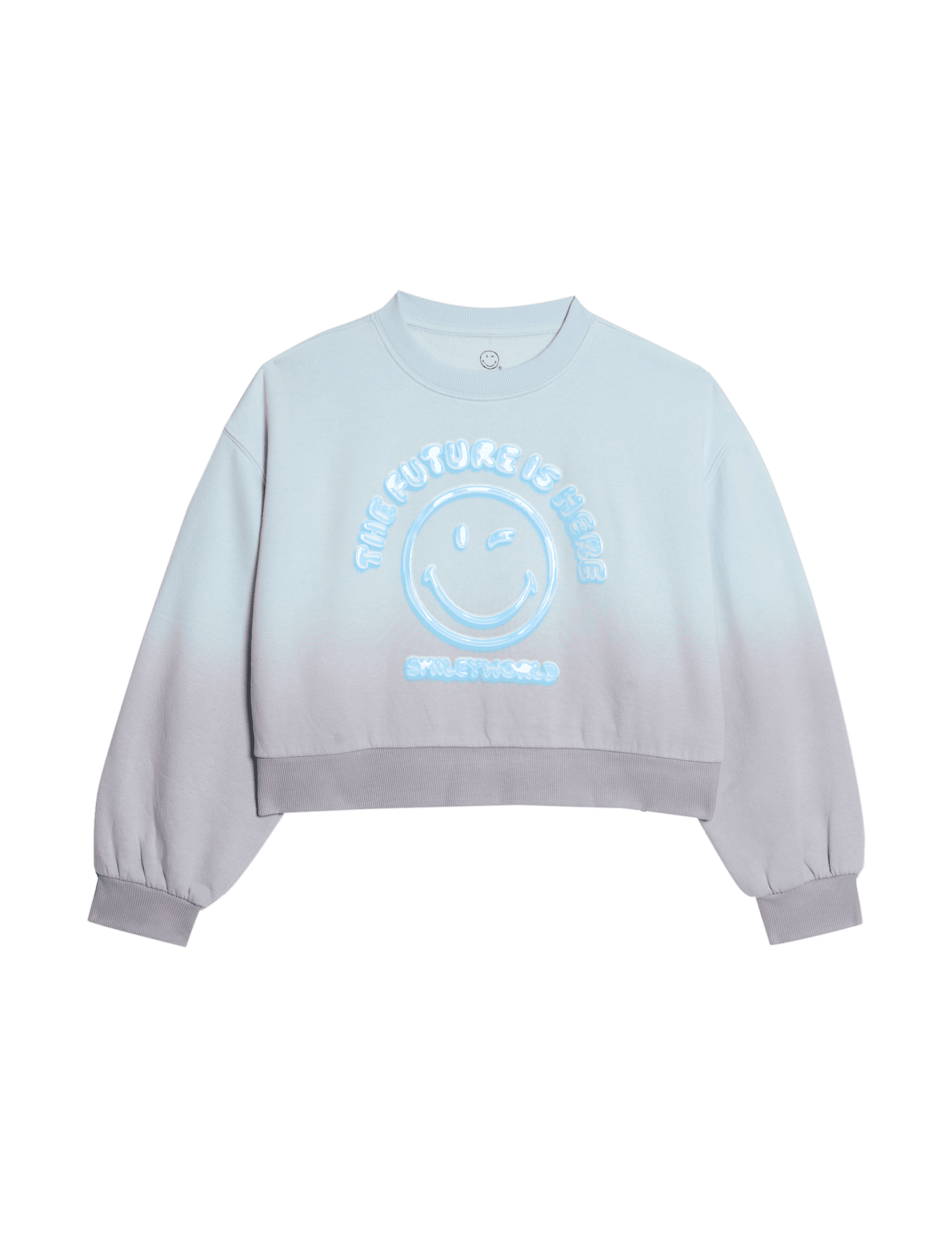 M&S Collection Girls Cotton Rich Smiley Print Cropped Sweatshirt (2-16 Yrs) - 9-10Y - Ice Blue, Ice