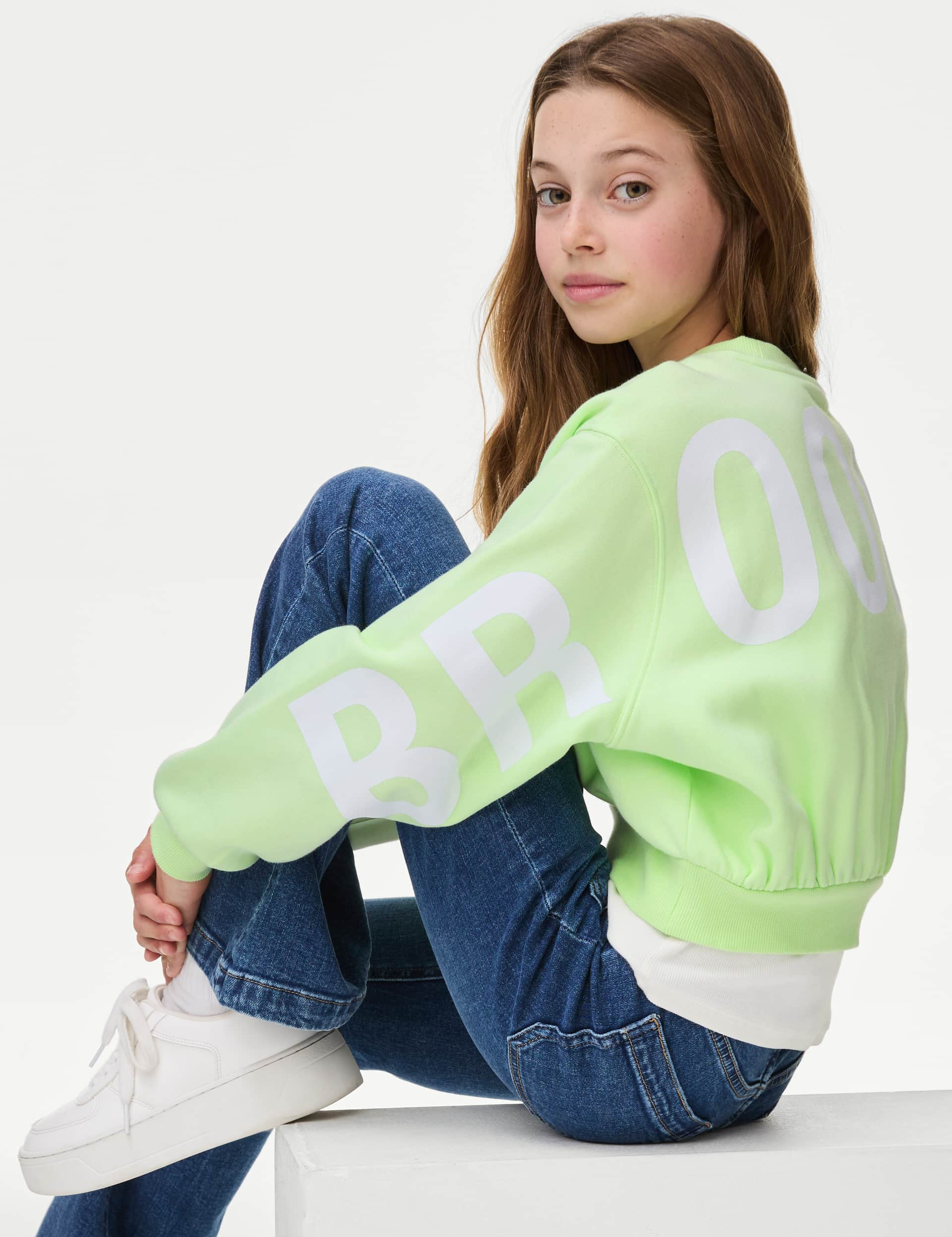 M&S Girls Cotton Rich Brooklyn Slogan Sweatshirt (6-16 Yrs) - 11-12 - Green Tint, Green Tint