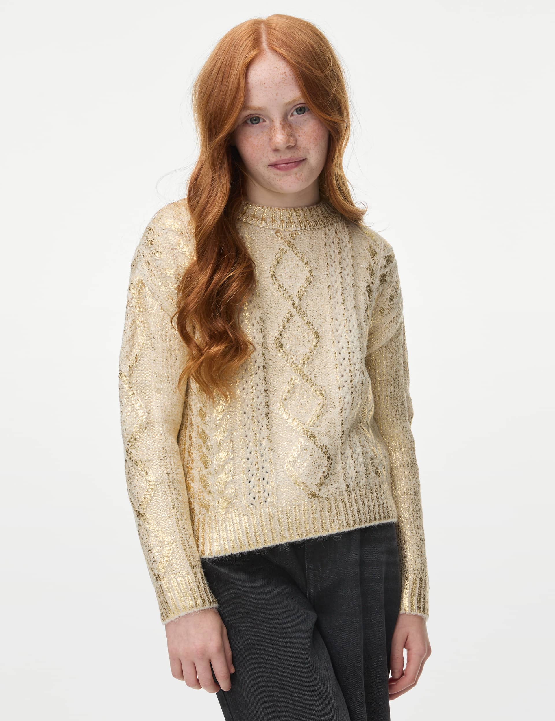 M&S Girls Foil Cable Knit Jumper (6-16 Yrs) - 9-10Y - Cream, Carbon,Cream