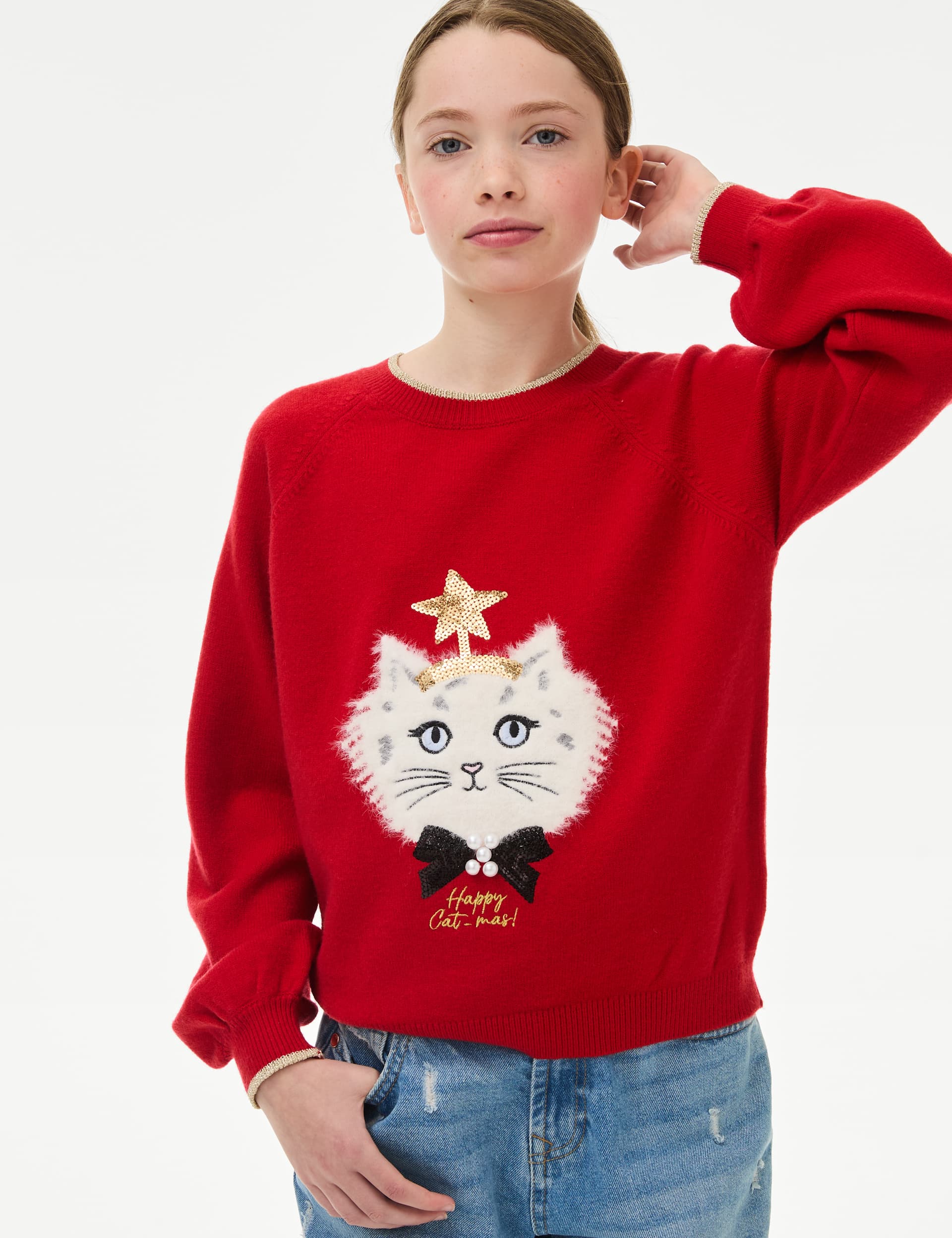 M&S Girls Festive Cat Knitted Jumper (6-16 Yrs) - 11-12 - Red, Red